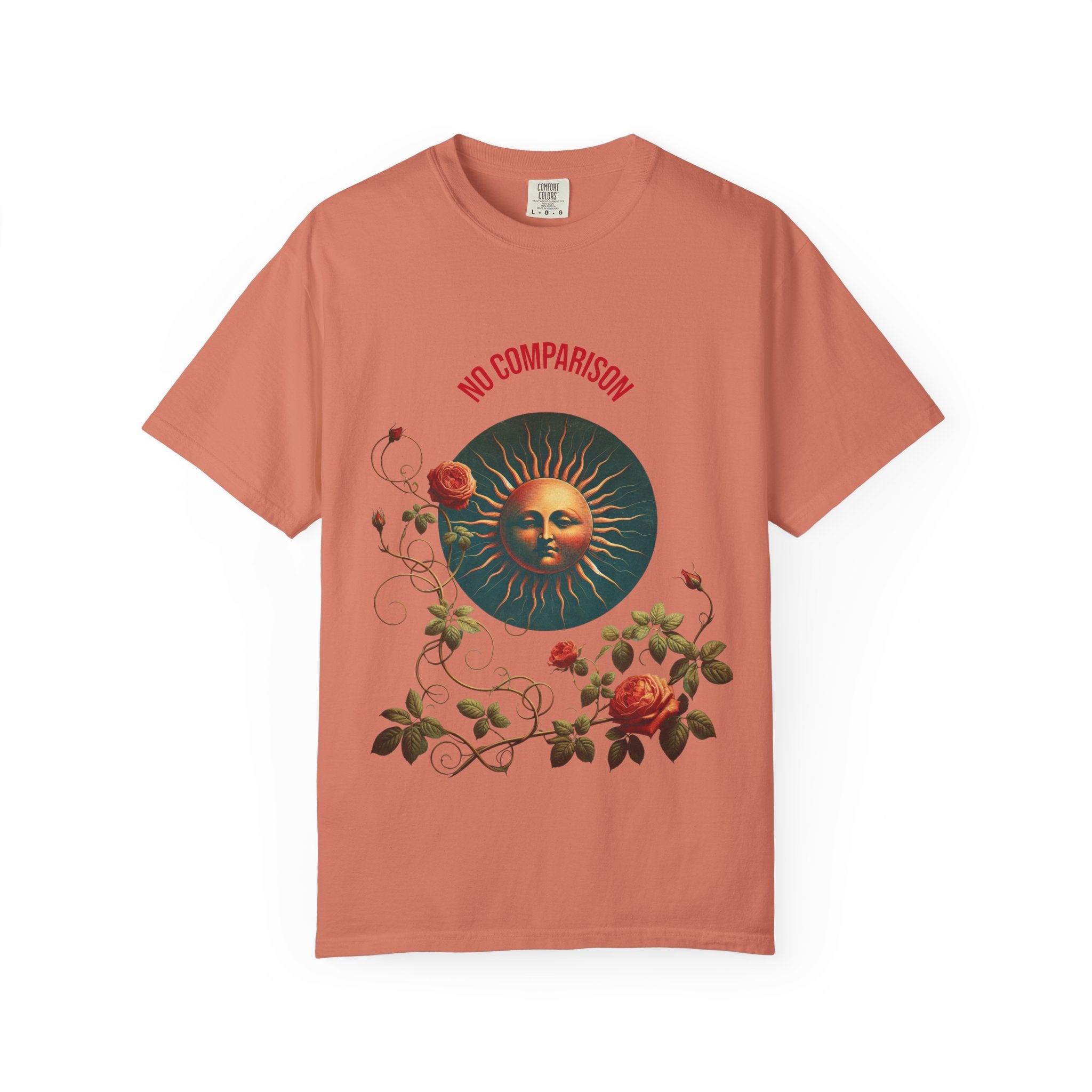 Garment-Dyed T-Shirt with Sun and Roses Design, Boho Tee, Vintage Style, Gift for Her, Casual Wear, Summer Fashion