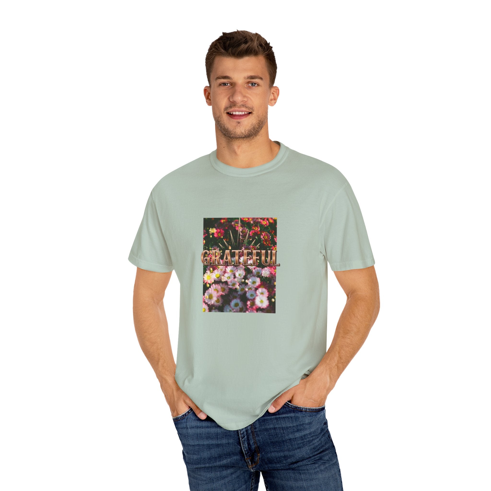 Unisex Garment-Dyed T-shirt with 'Grateful' Floral Design, Casual Gift, Boho Style, Birthday Wear, Positive Vibes