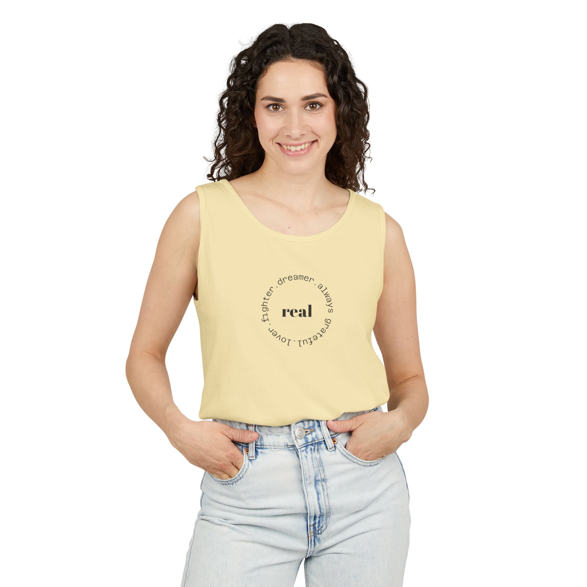 Garment-Dyed Tank Top with 'Real' Design, Summer Wear, Casual Shirt, Holiday Gift, Layering Essential, Positive Vibes