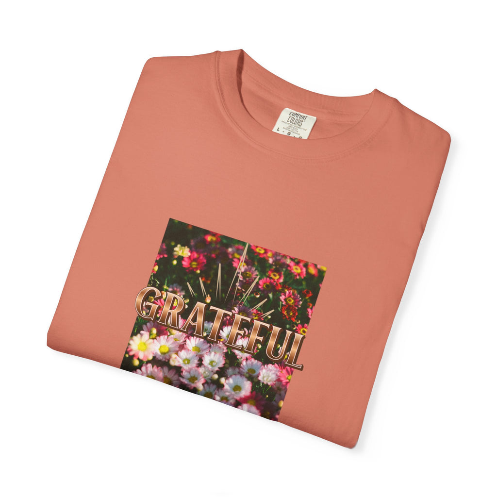 Unisex Garment-Dyed T-shirt with 'Grateful' Floral Design, Casual Gift, Boho Style, Birthday Wear, Positive Vibes