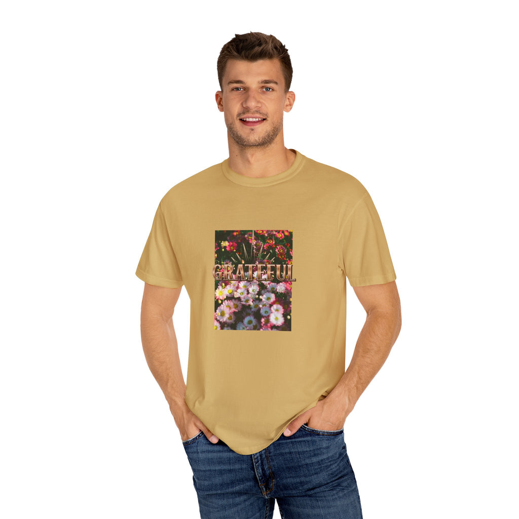 Unisex Garment-Dyed T-shirt with 'Grateful' Floral Design, Casual Gift, Boho Style, Birthday Wear, Positive Vibes