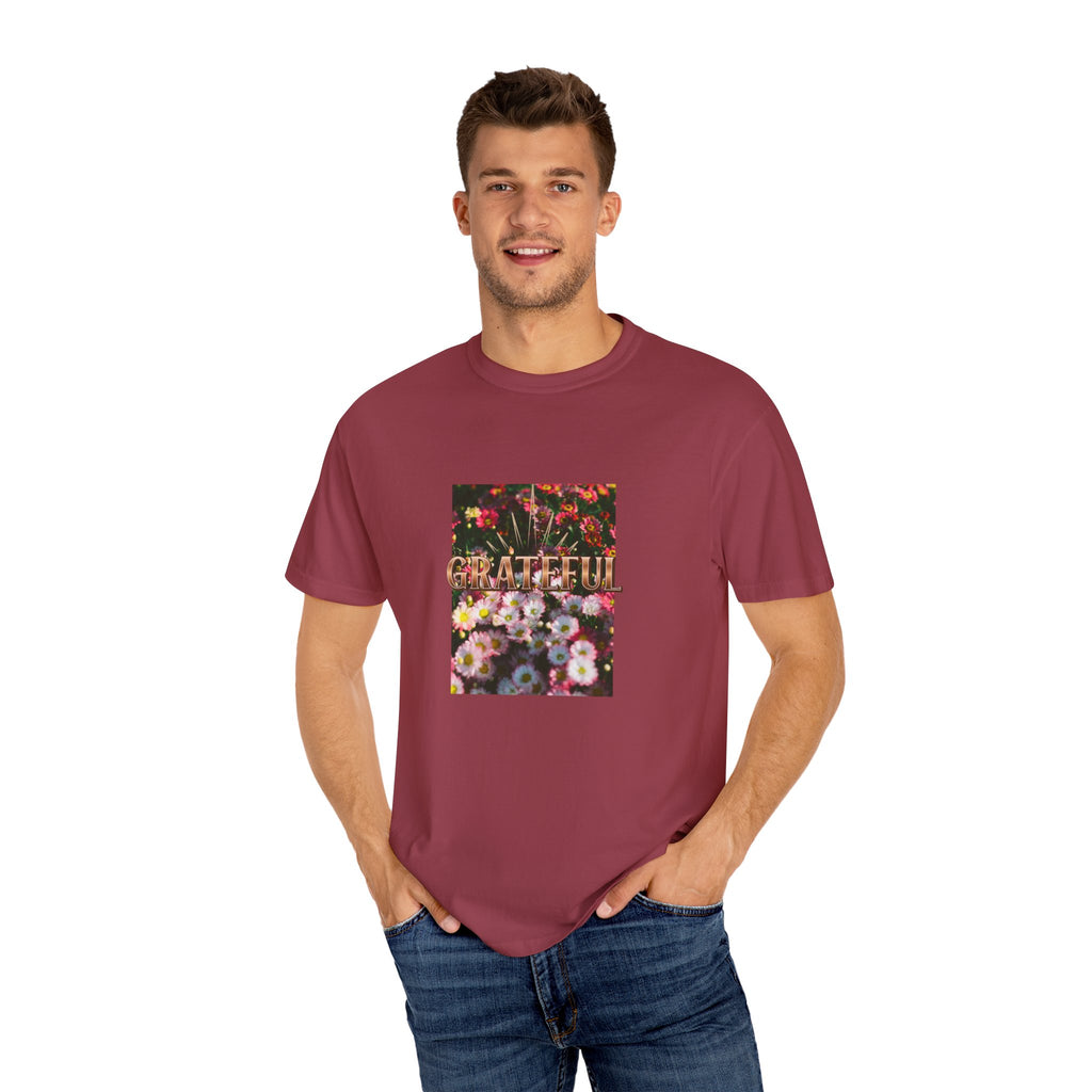 Unisex Garment-Dyed T-shirt with 'Grateful' Floral Design, Casual Gift, Boho Style, Birthday Wear, Positive Vibes