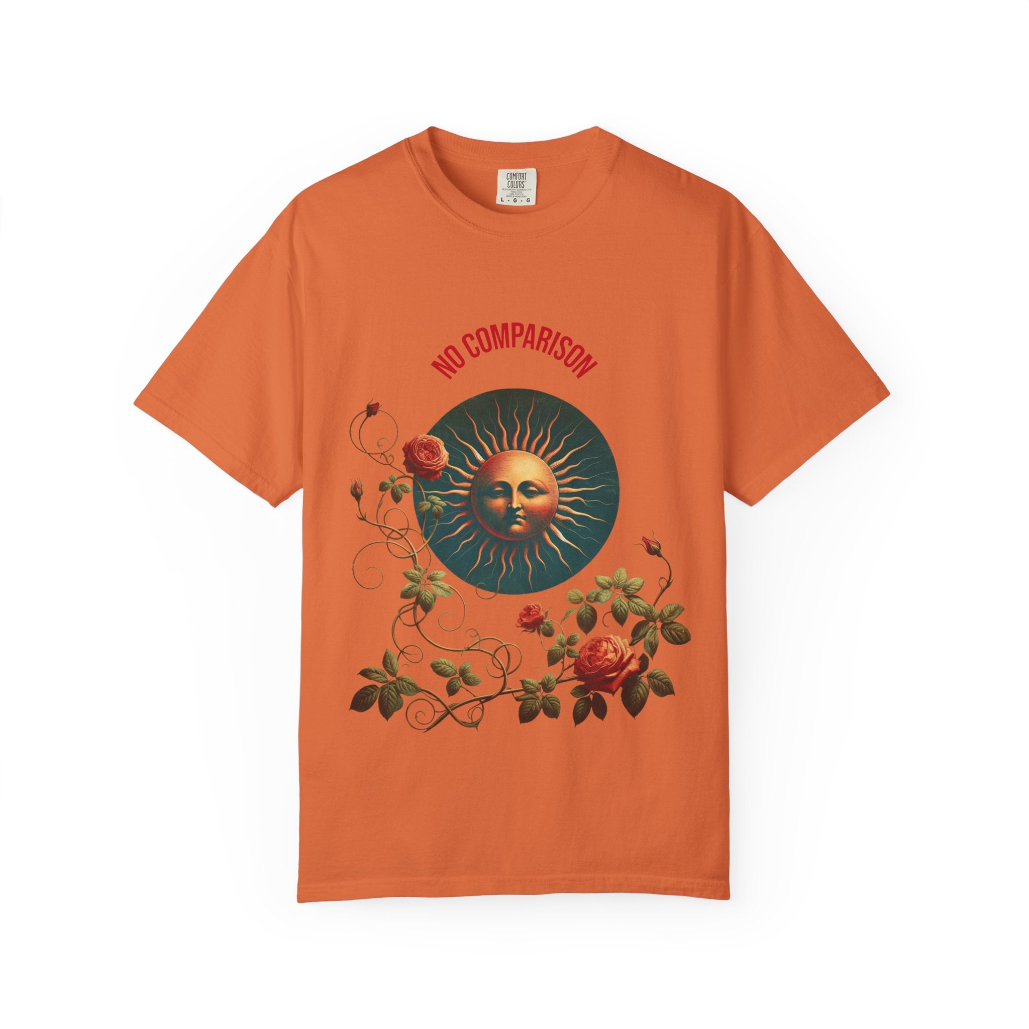 Garment-Dyed T-Shirt with Sun and Roses Design, Boho Tee, Vintage Style, Gift for Her, Casual Wear, Summer Fashion