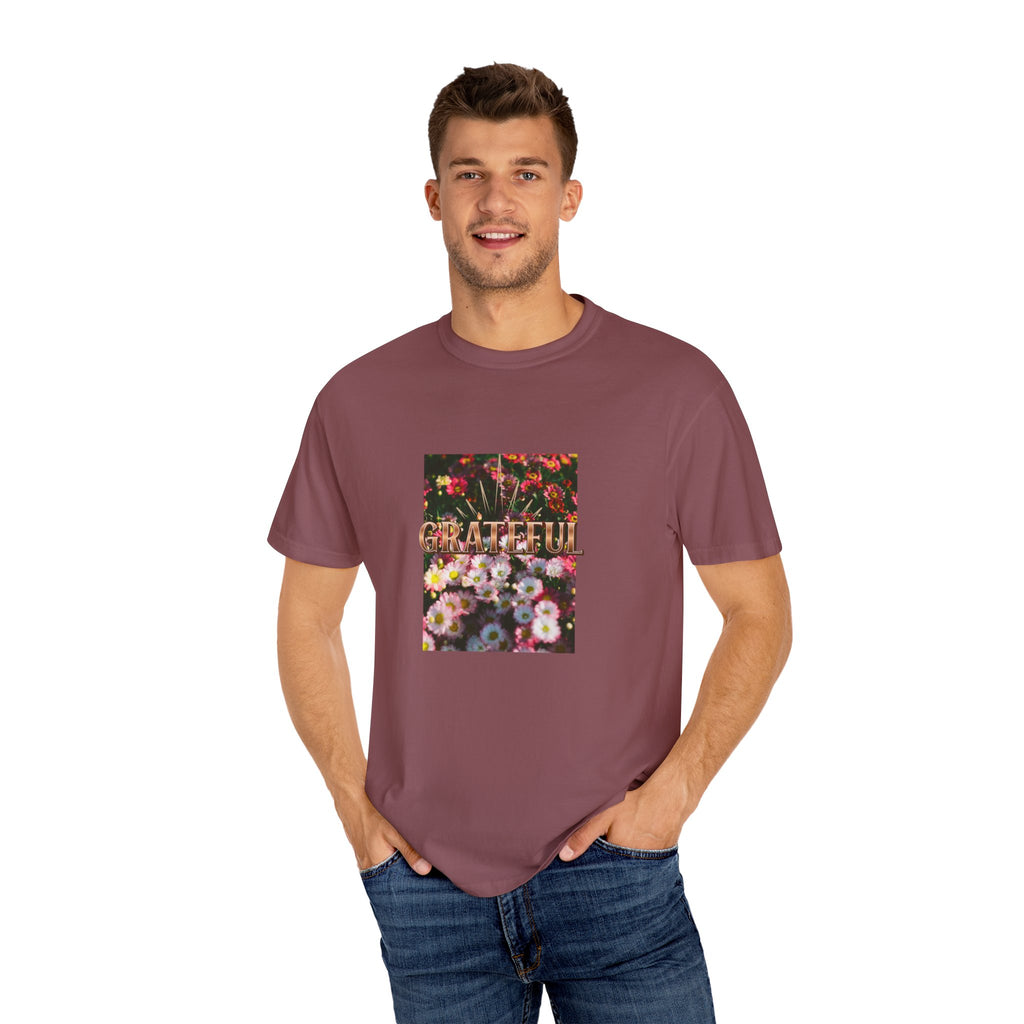 Unisex Garment-Dyed T-shirt with 'Grateful' Floral Design, Casual Gift, Boho Style, Birthday Wear, Positive Vibes