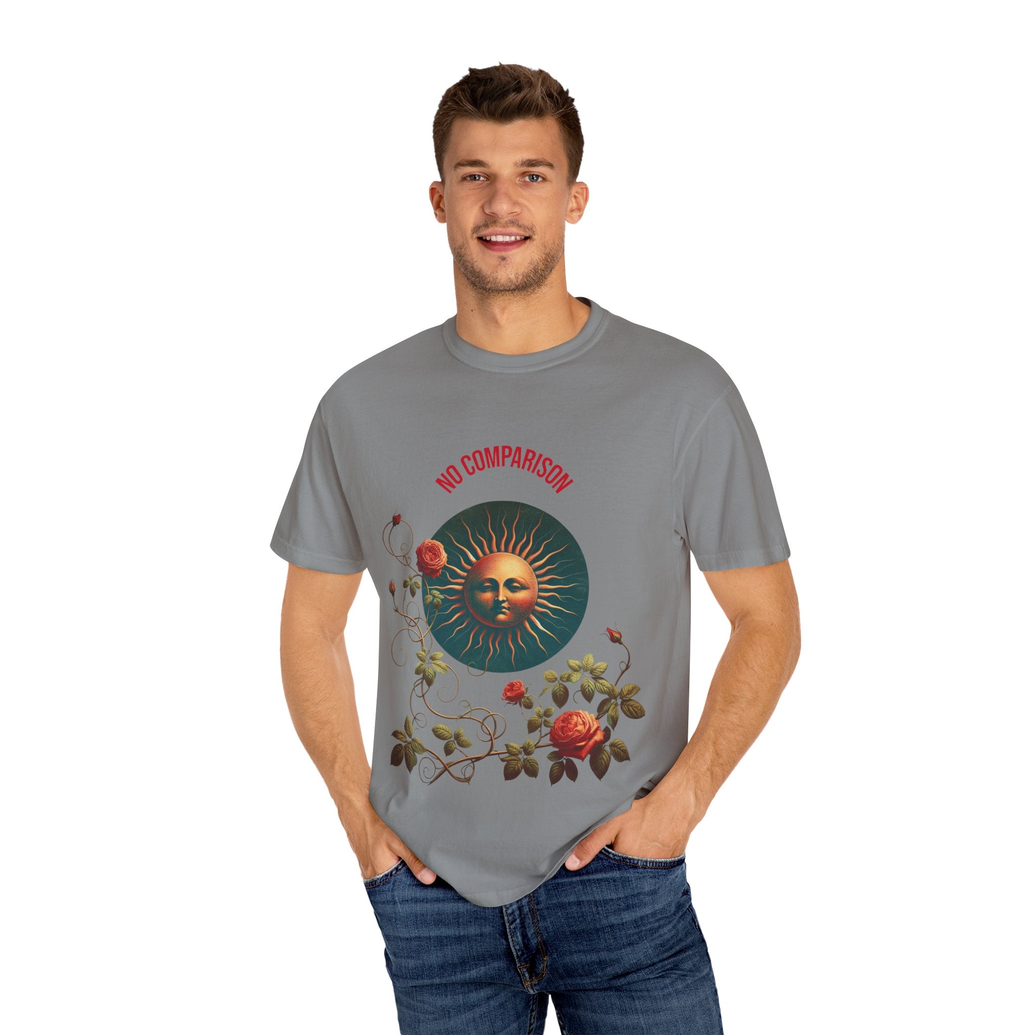 Garment-Dyed T-Shirt with Sun and Roses Design, Boho Tee, Vintage Style, Gift for Her, Casual Wear, Summer Fashion