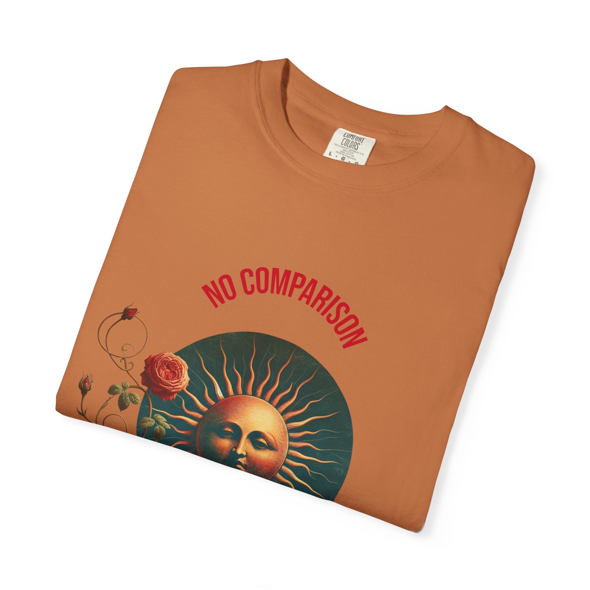 Garment-Dyed T-Shirt with Sun and Roses Design, Boho Tee, Vintage Style, Gift for Her, Casual Wear, Summer Fashion