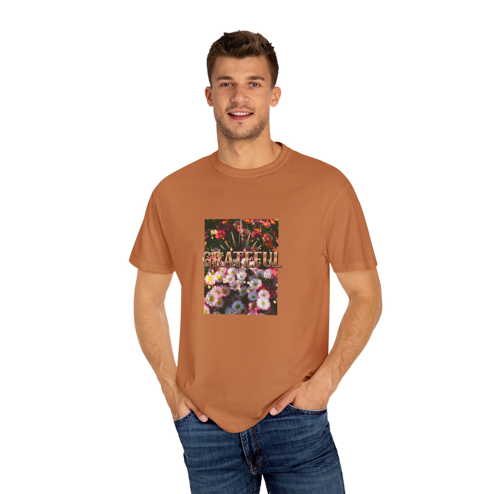 Unisex Garment-Dyed T-shirt with 'Grateful' Floral Design, Casual Gift, Boho Style, Birthday Wear, Positive Vibes