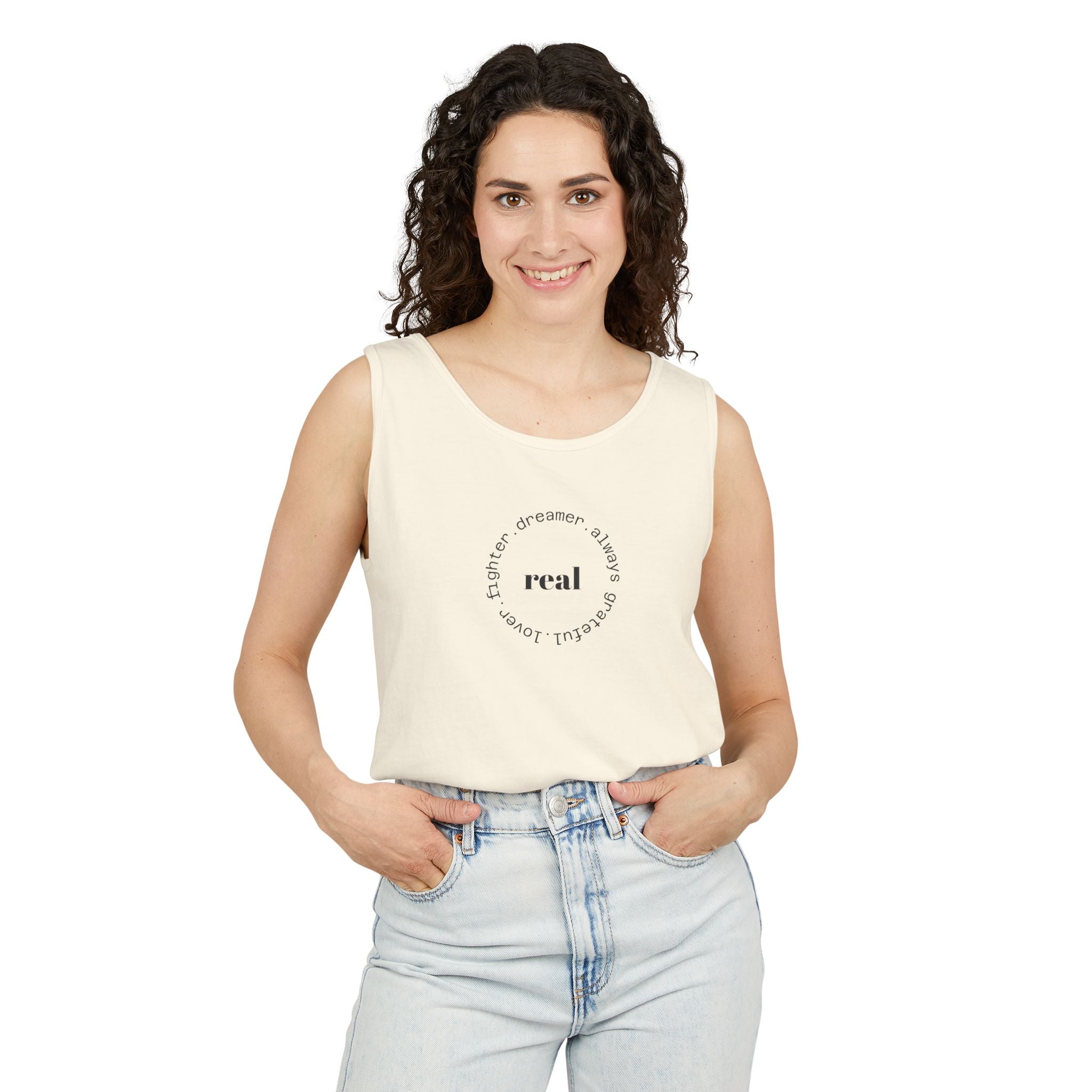 Garment-Dyed Tank Top with 'Real' Design, Summer Wear, Casual Shirt, Holiday Gift, Layering Essential, Positive Vibes