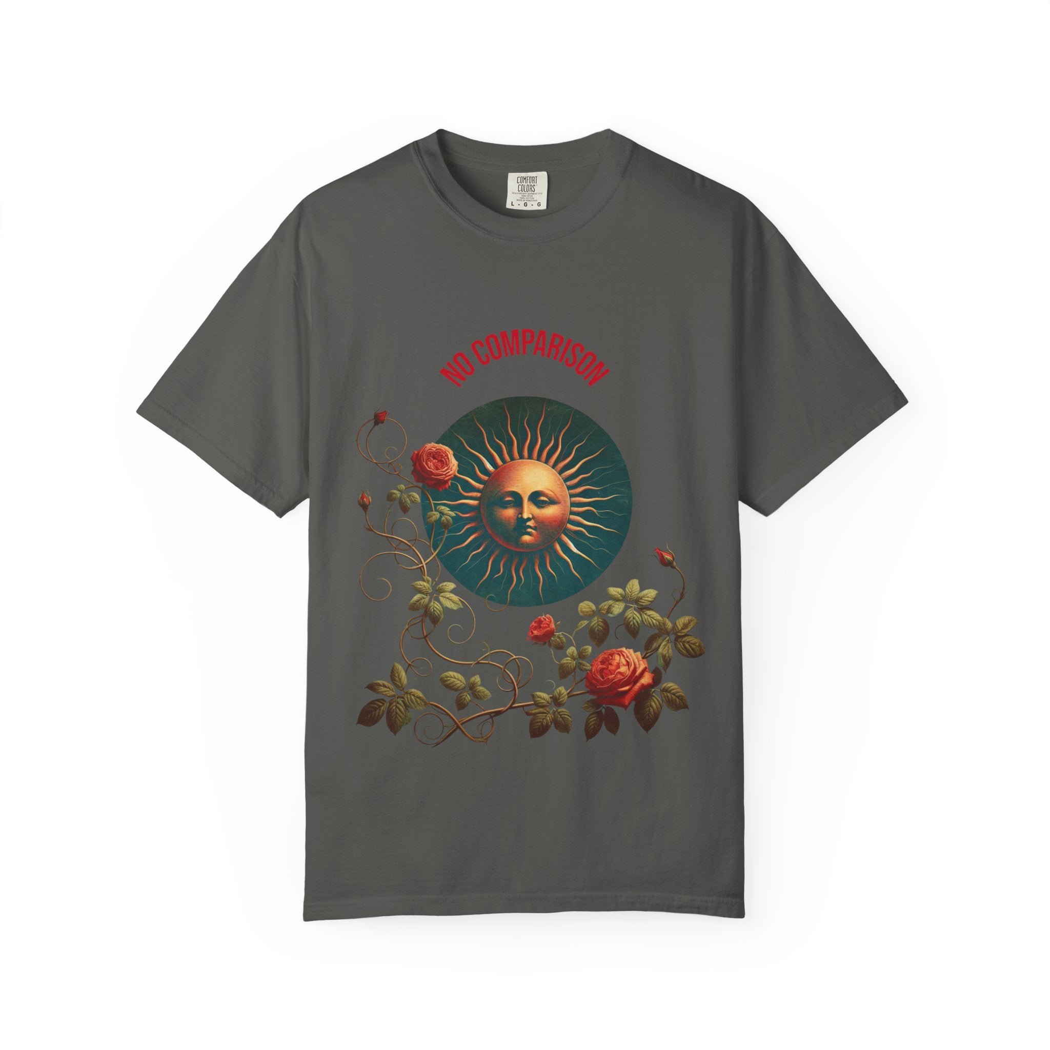Garment-Dyed T-Shirt with Sun and Roses Design, Boho Tee, Vintage Style, Gift for Her, Casual Wear, Summer Fashion