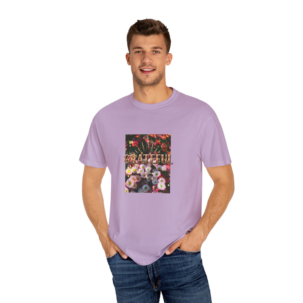 Unisex Garment-Dyed T-shirt with 'Grateful' Floral Design, Casual Gift, Boho Style, Birthday Wear, Positive Vibes