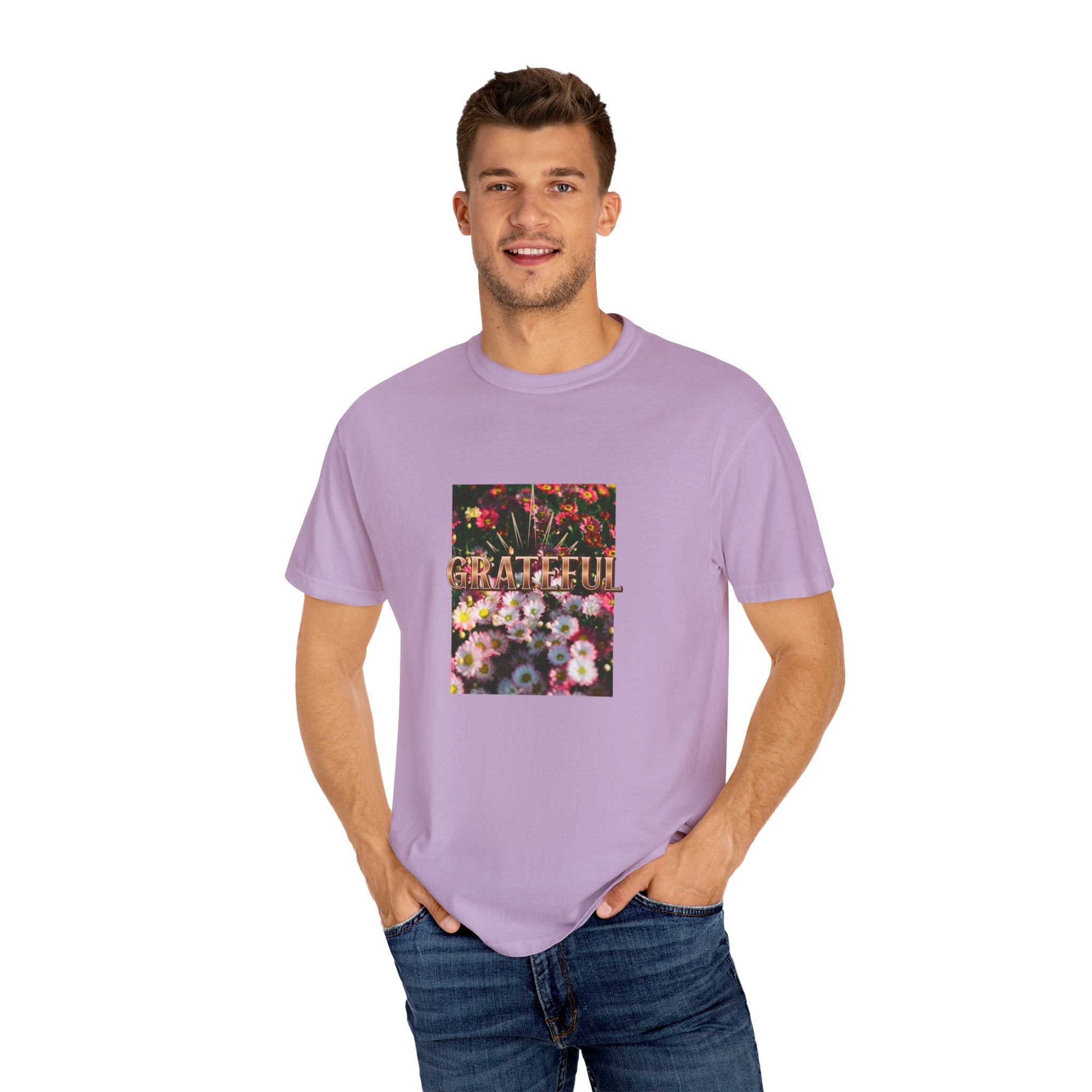 Unisex Garment-Dyed T-shirt with 'Grateful' Floral Design, Casual Gift, Boho Style, Birthday Wear, Positive Vibes
