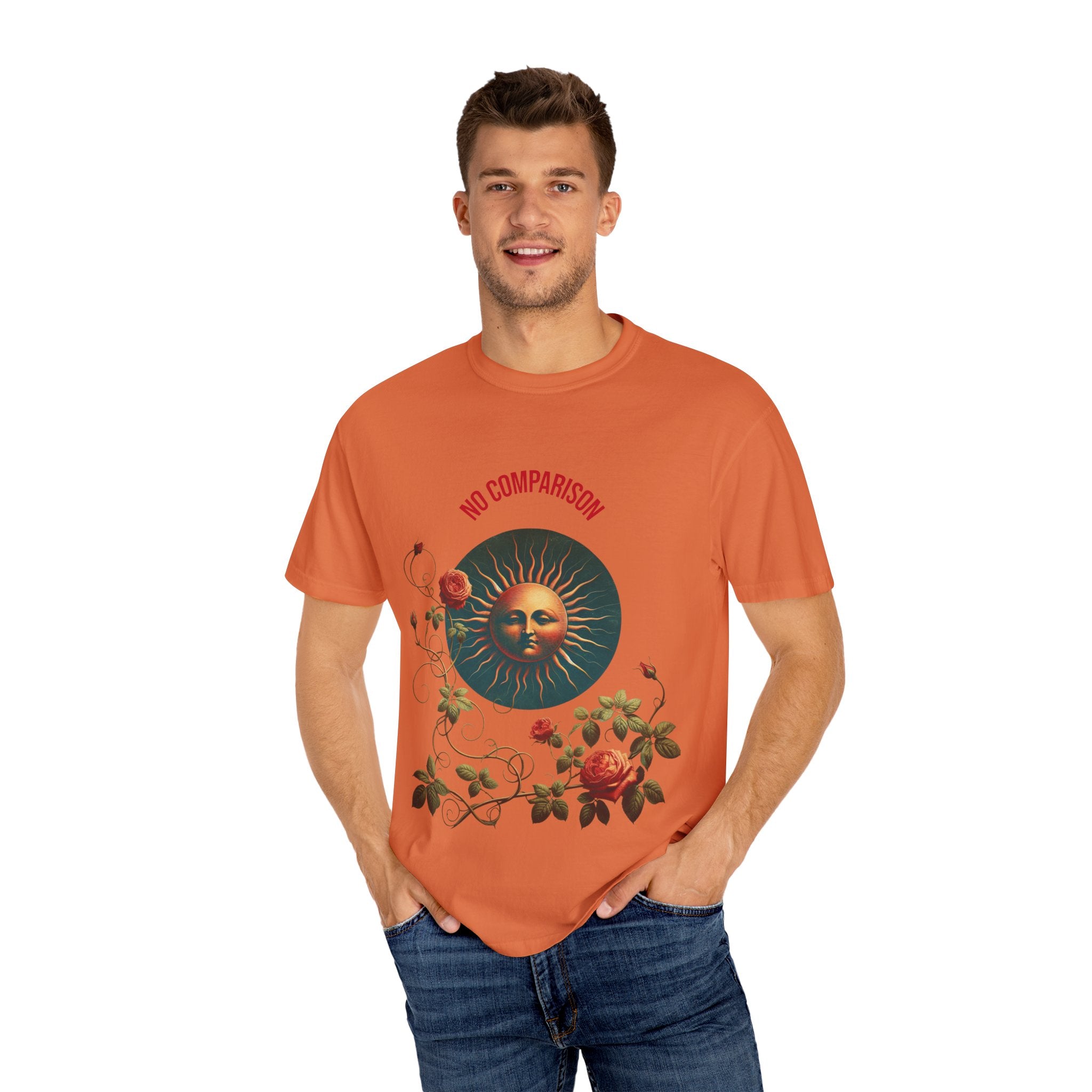 Garment-Dyed T-Shirt with Sun and Roses Design, Boho Tee, Vintage Style, Gift for Her, Casual Wear, Summer Fashion