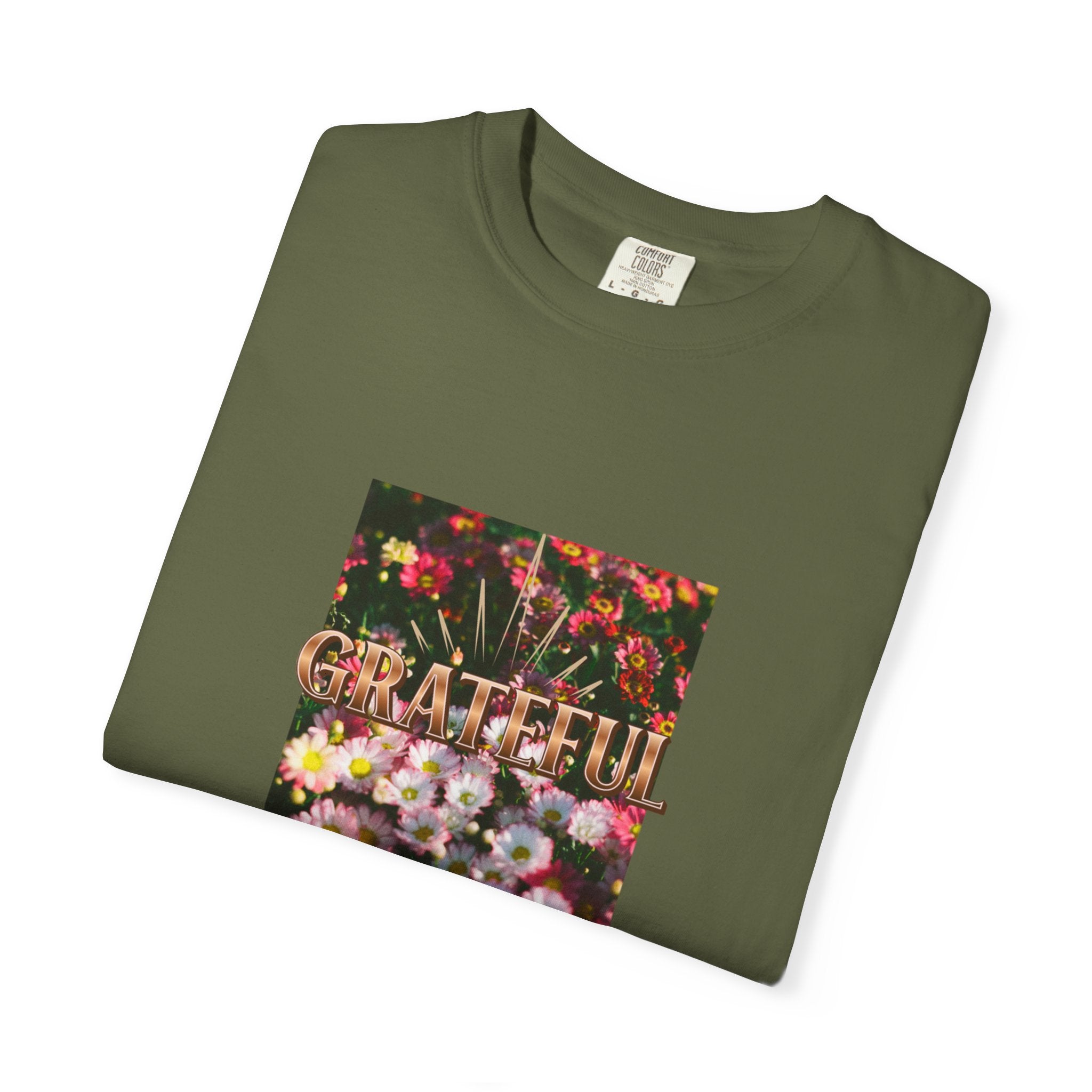 Unisex Garment-Dyed T-shirt with 'Grateful' Floral Design, Casual Gift, Boho Style, Birthday Wear, Positive Vibes