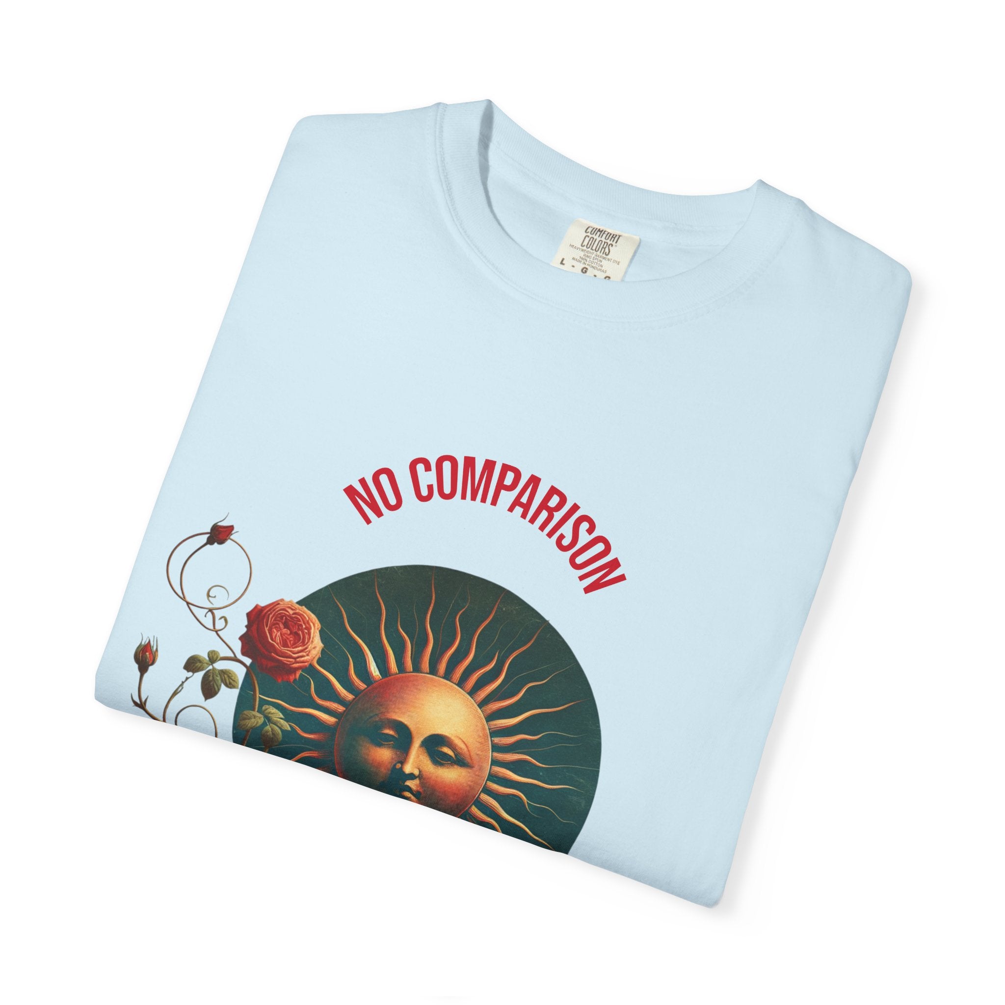Garment-Dyed T-Shirt with Sun and Roses Design, Boho Tee, Vintage Style, Gift for Her, Casual Wear, Summer Fashion