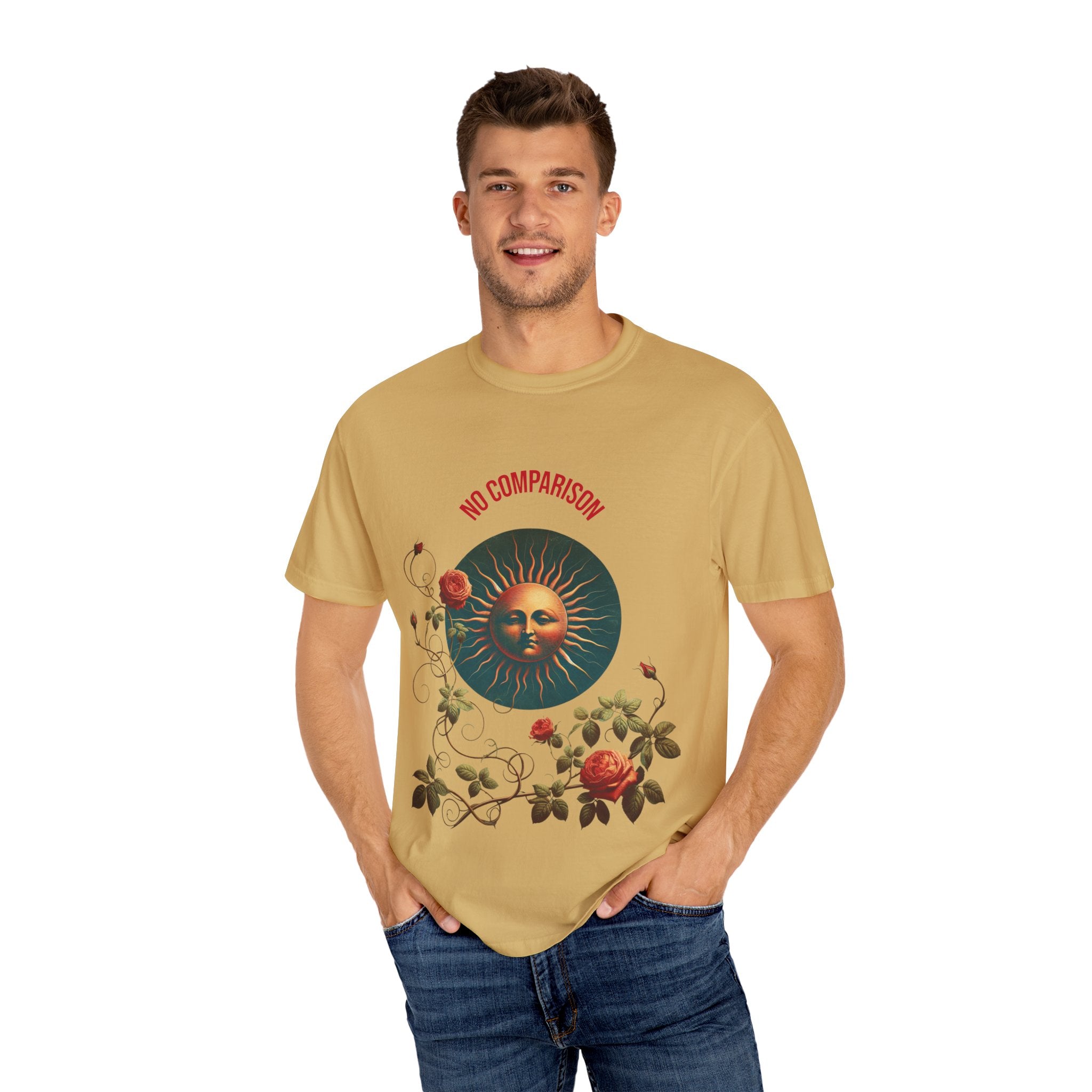 Garment-Dyed T-Shirt with Sun and Roses Design, Boho Tee, Vintage Style, Gift for Her, Casual Wear, Summer Fashion