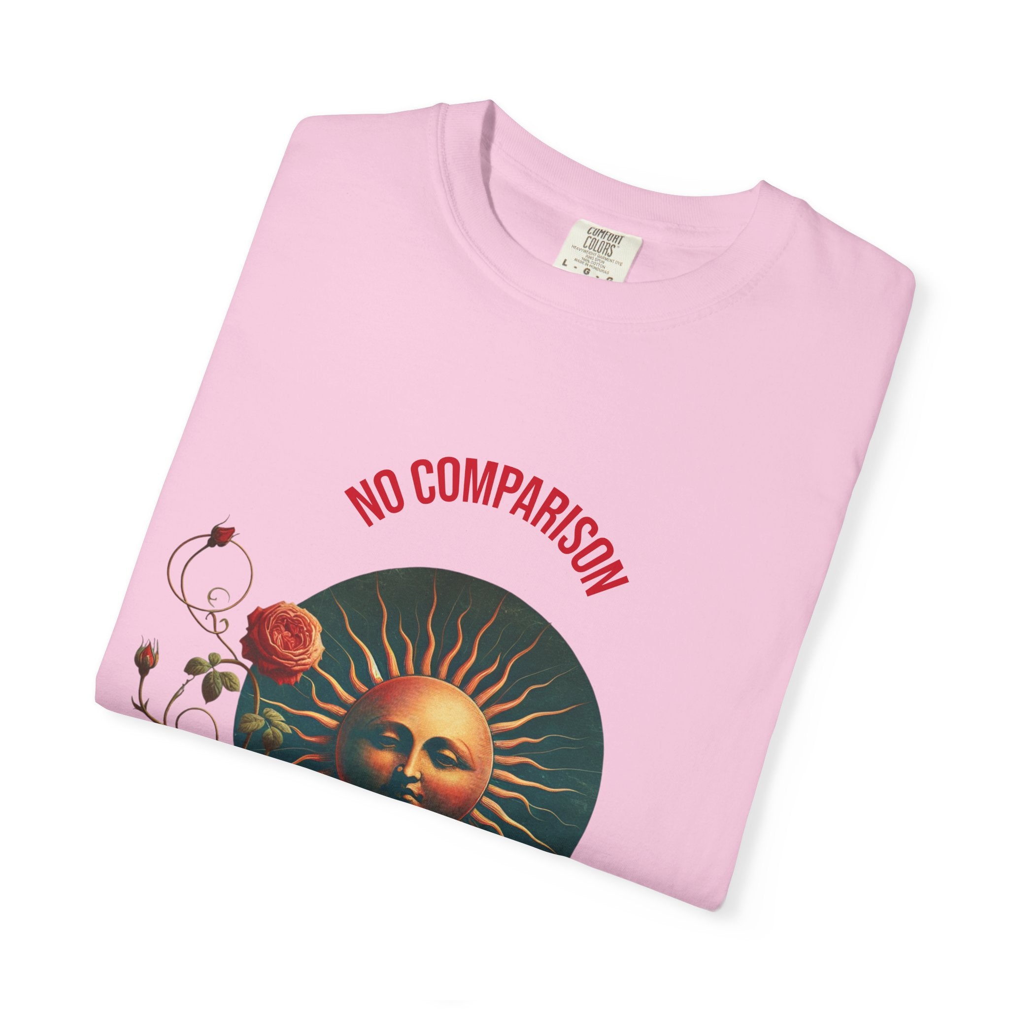 Garment-Dyed T-Shirt with Sun and Roses Design, Boho Tee, Vintage Style, Gift for Her, Casual Wear, Summer Fashion