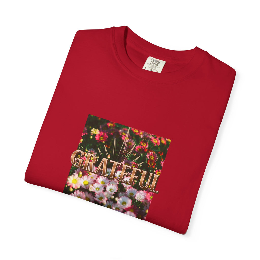 Unisex Garment-Dyed T-shirt with 'Grateful' Floral Design, Casual Gift, Boho Style, Birthday Wear, Positive Vibes