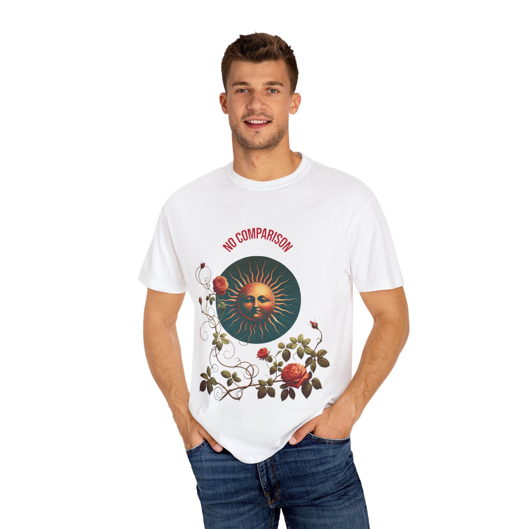 Garment-Dyed T-Shirt with Sun and Roses Design, Boho Tee, Vintage Style, Gift for Her, Casual Wear, Summer Fashion