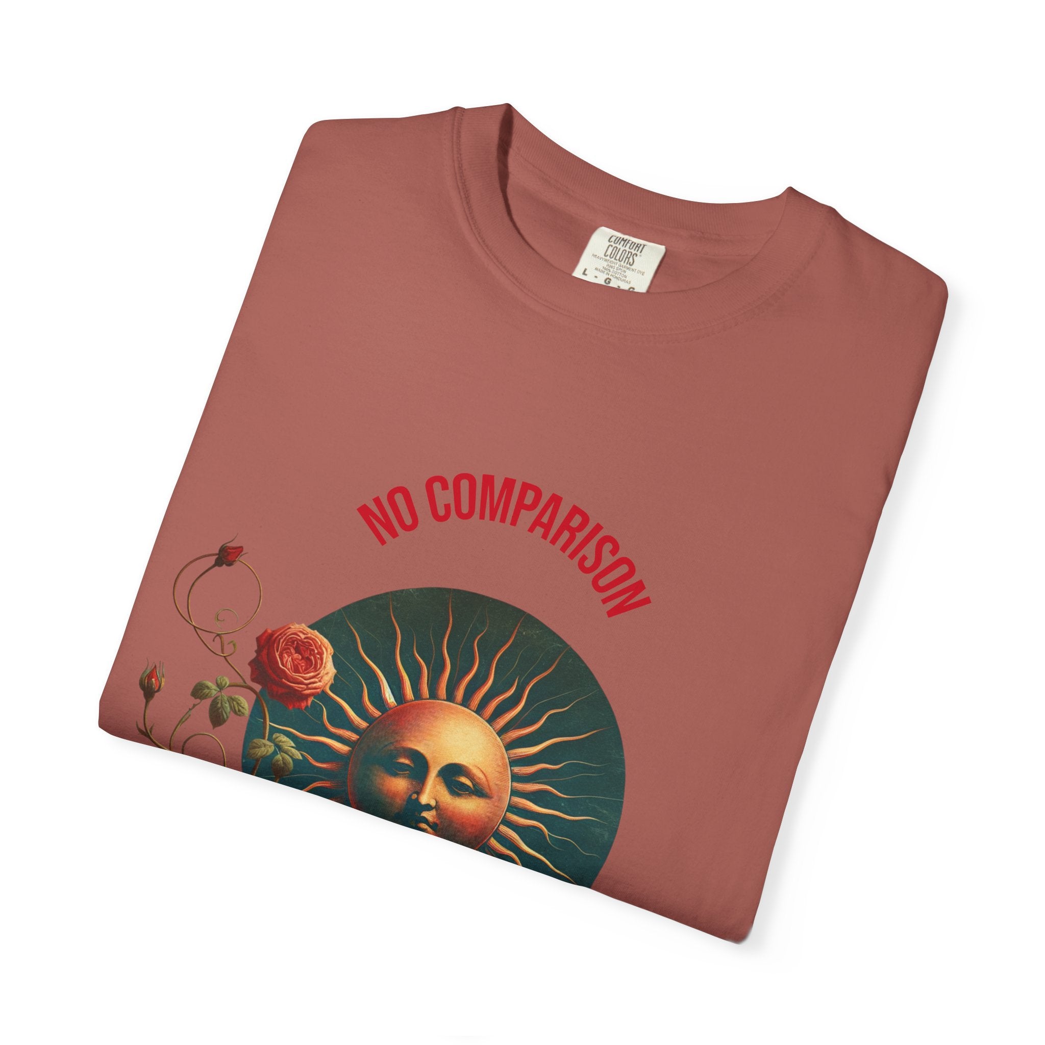 Garment-Dyed T-Shirt with Sun and Roses Design, Boho Tee, Vintage Style, Gift for Her, Casual Wear, Summer Fashion