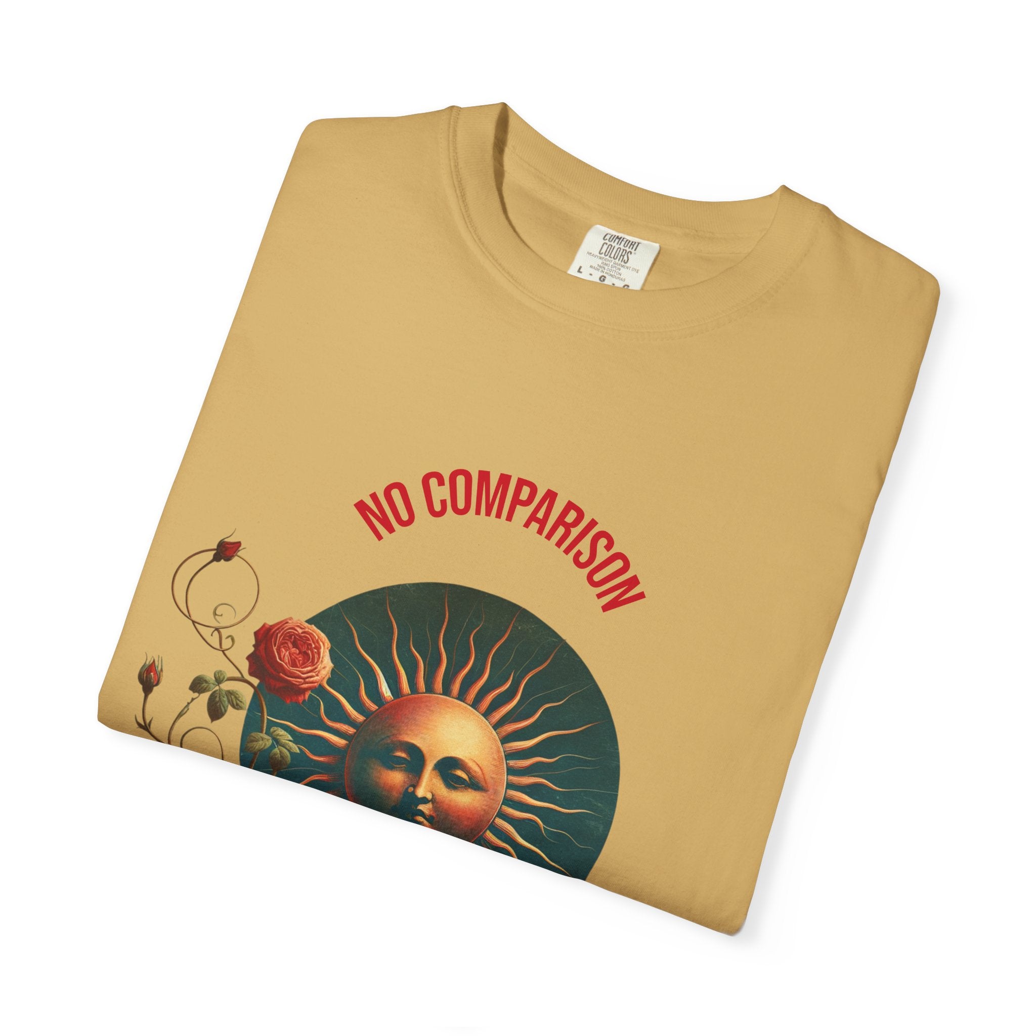 Garment-Dyed T-Shirt with Sun and Roses Design, Boho Tee, Vintage Style, Gift for Her, Casual Wear, Summer Fashion