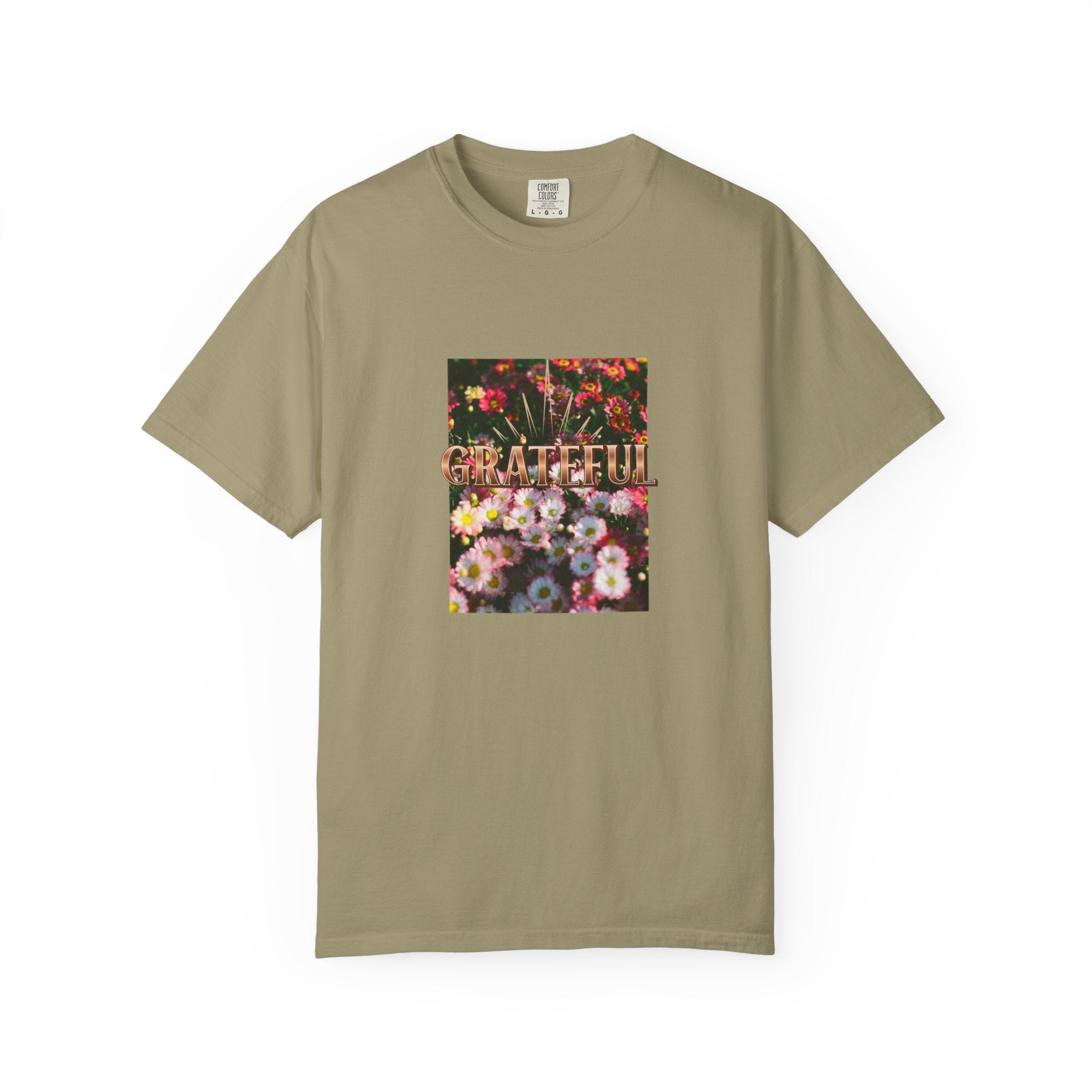Unisex Garment-Dyed T-shirt with 'Grateful' Floral Design, Casual Gift, Boho Style, Birthday Wear, Positive Vibes