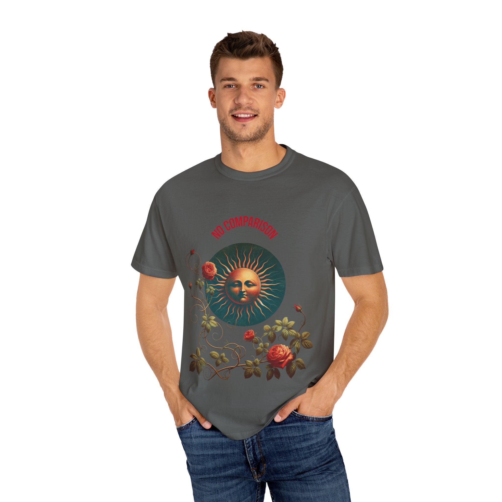 Garment-Dyed T-Shirt with Sun and Roses Design, Boho Tee, Vintage Style, Gift for Her, Casual Wear, Summer Fashion