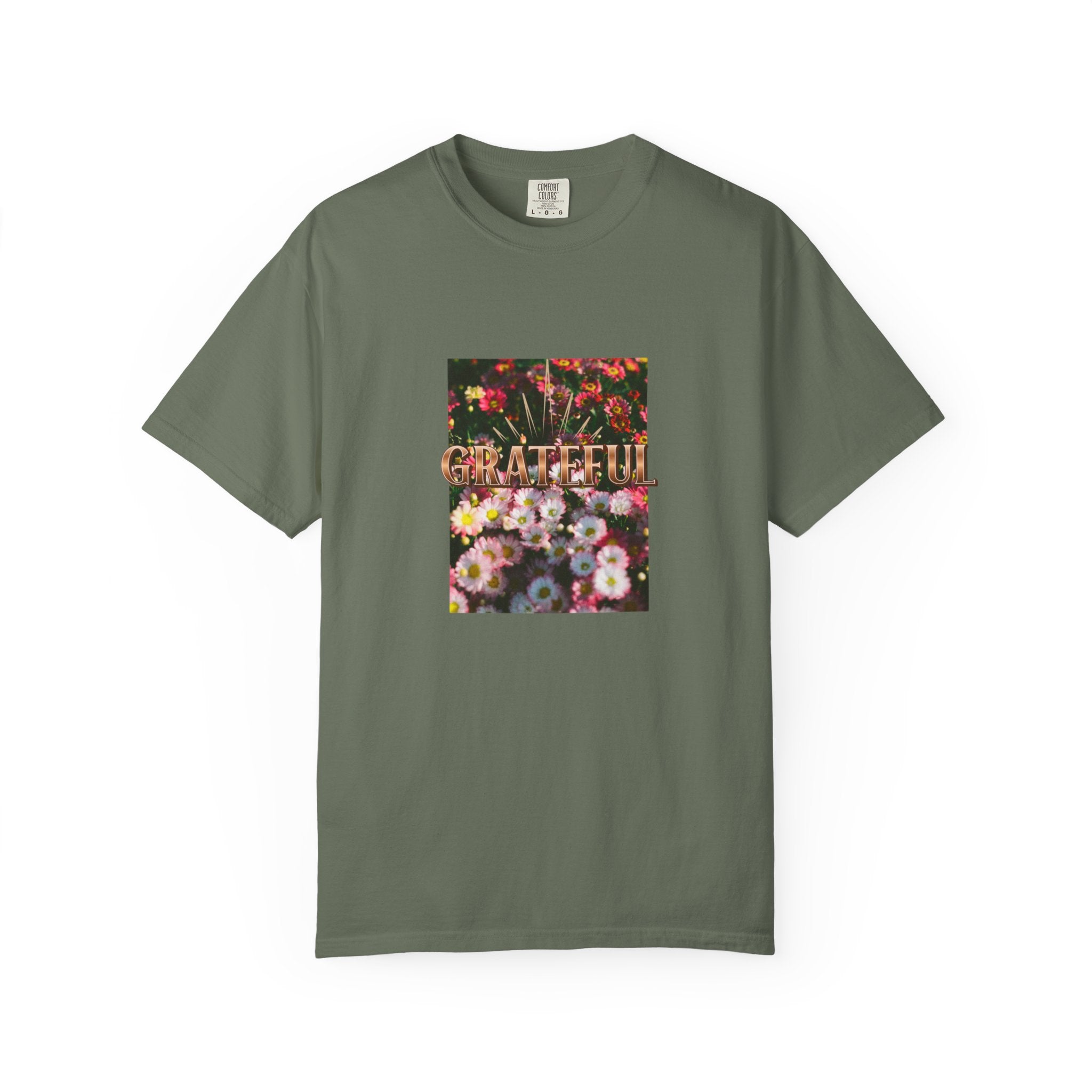 Unisex Garment-Dyed T-shirt with 'Grateful' Floral Design, Casual Gift, Boho Style, Birthday Wear, Positive Vibes