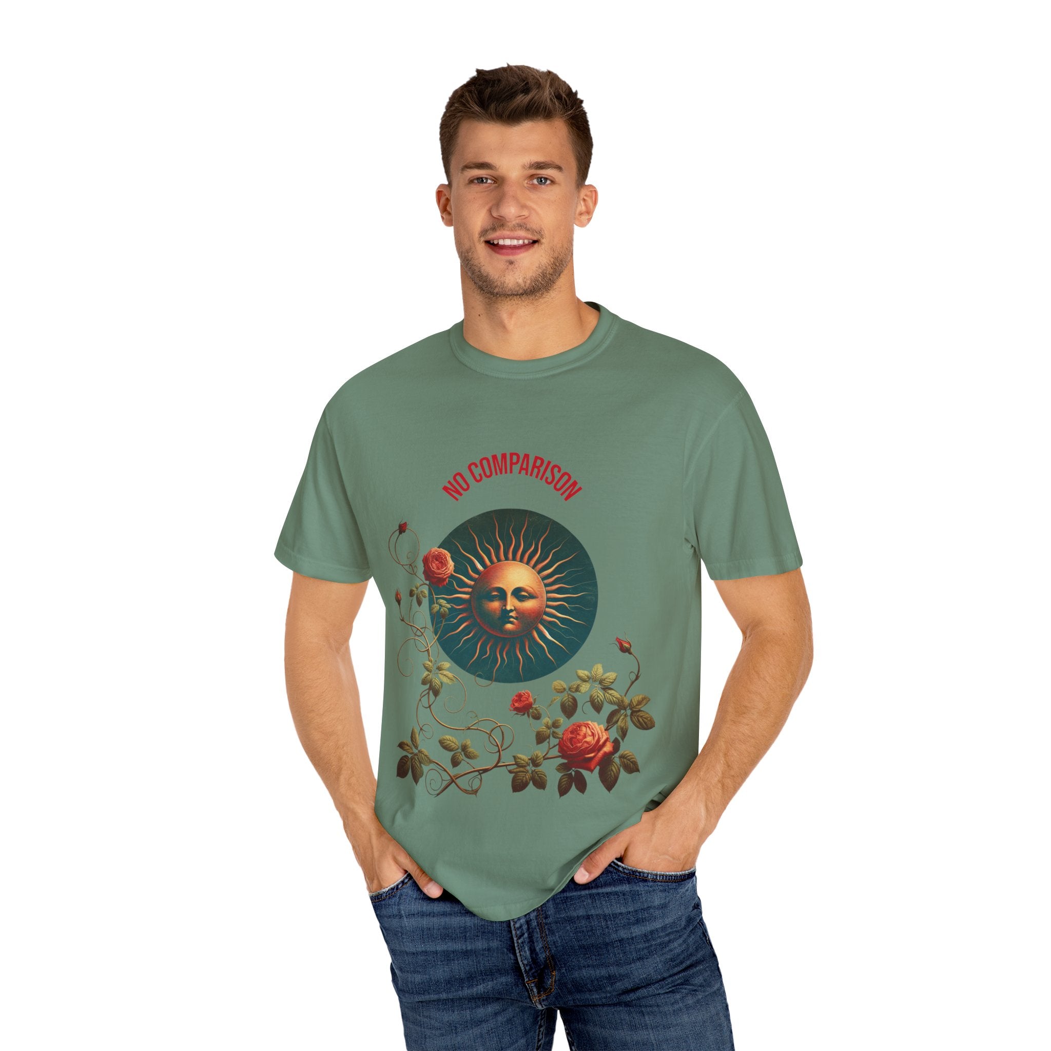 Garment-Dyed T-Shirt with Sun and Roses Design, Boho Tee, Vintage Style, Gift for Her, Casual Wear, Summer Fashion