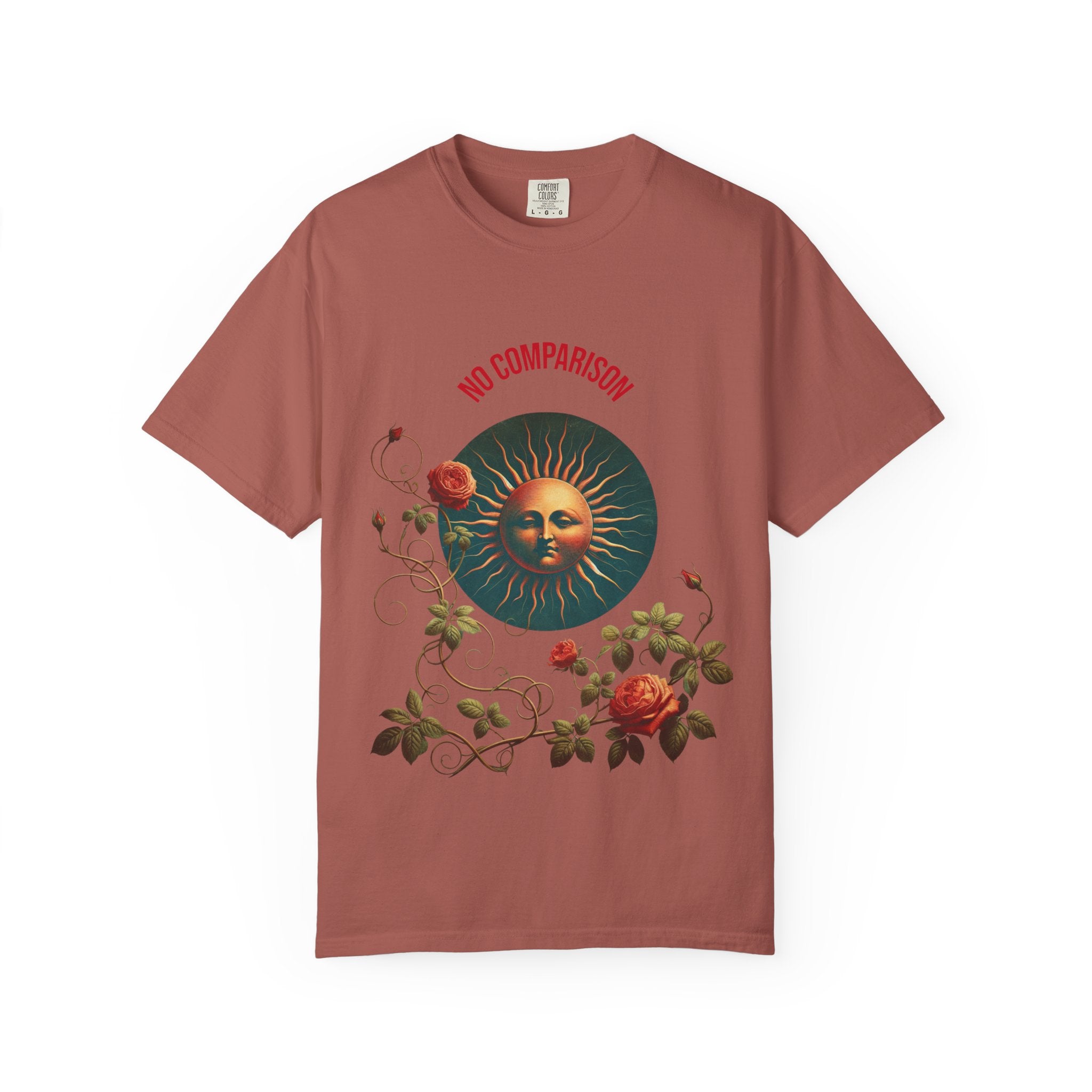 Garment-Dyed T-Shirt with Sun and Roses Design, Boho Tee, Vintage Style, Gift for Her, Casual Wear, Summer Fashion