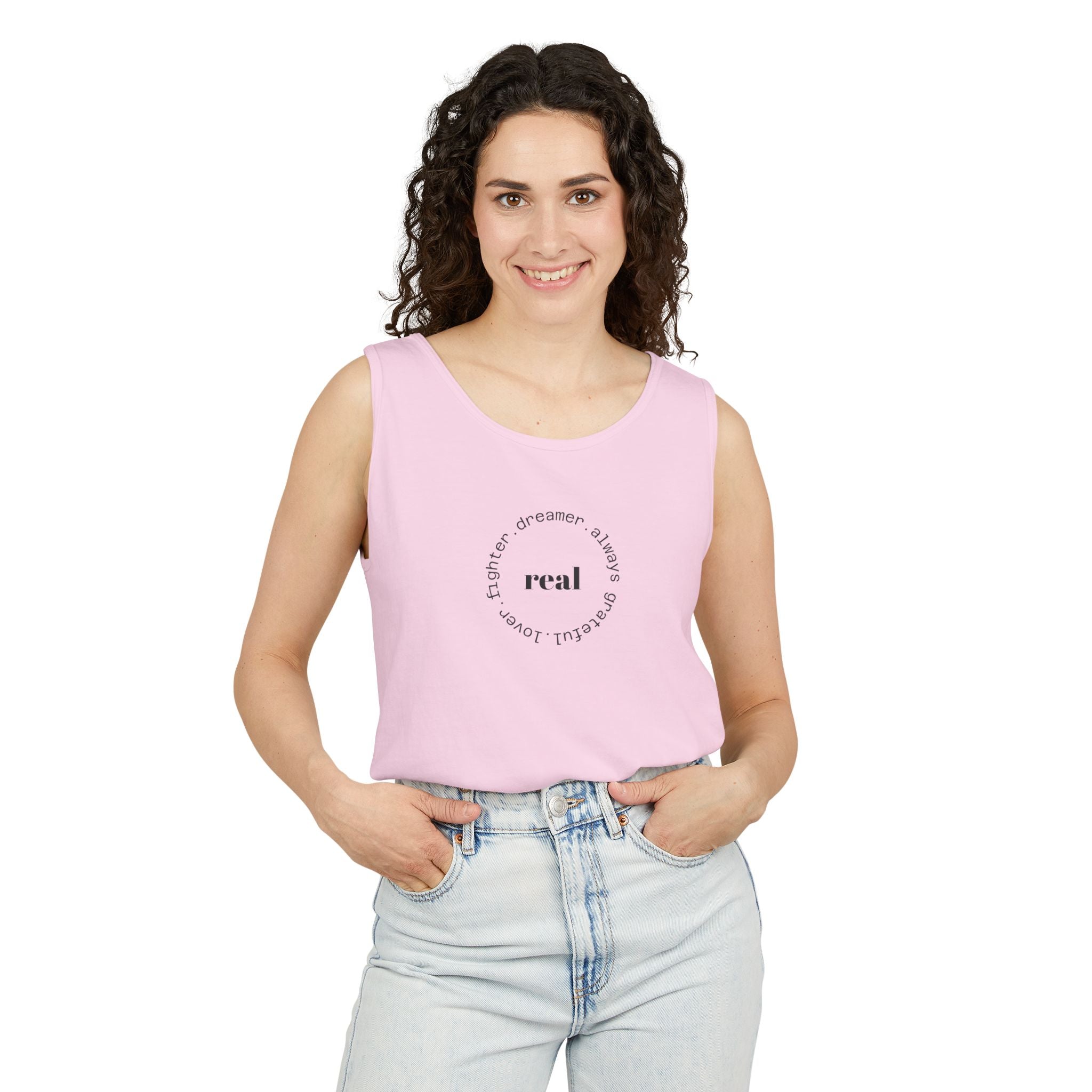 Garment-Dyed Tank Top with 'Real' Design, Summer Wear, Casual Shirt, Holiday Gift, Layering Essential, Positive Vibes