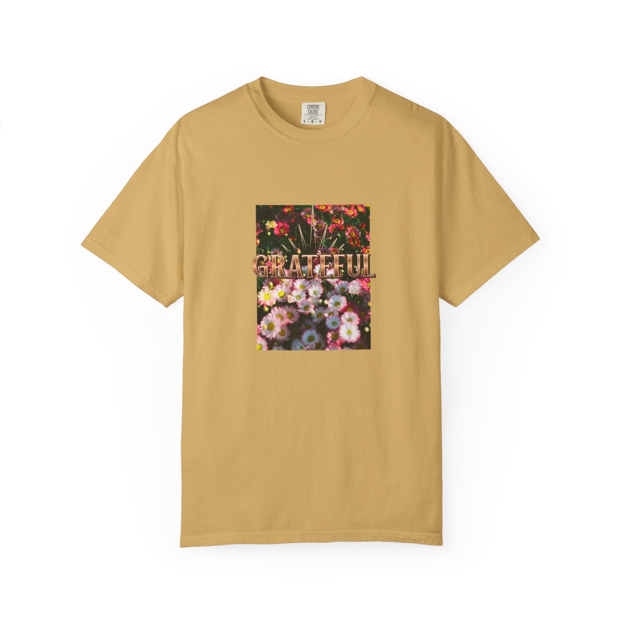 Unisex Garment-Dyed T-shirt with 'Grateful' Floral Design, Casual Gift, Boho Style, Birthday Wear, Positive Vibes