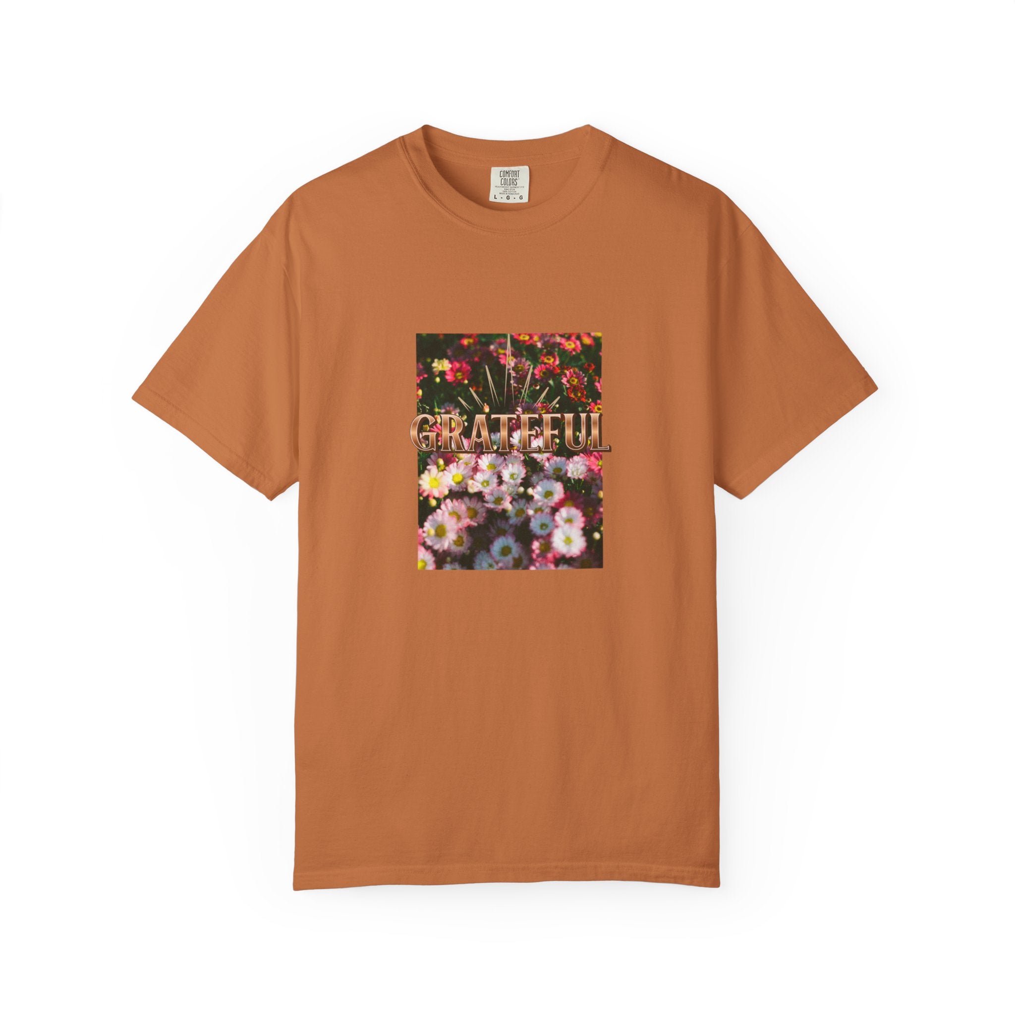 Unisex Garment-Dyed T-shirt with 'Grateful' Floral Design, Casual Gift, Boho Style, Birthday Wear, Positive Vibes