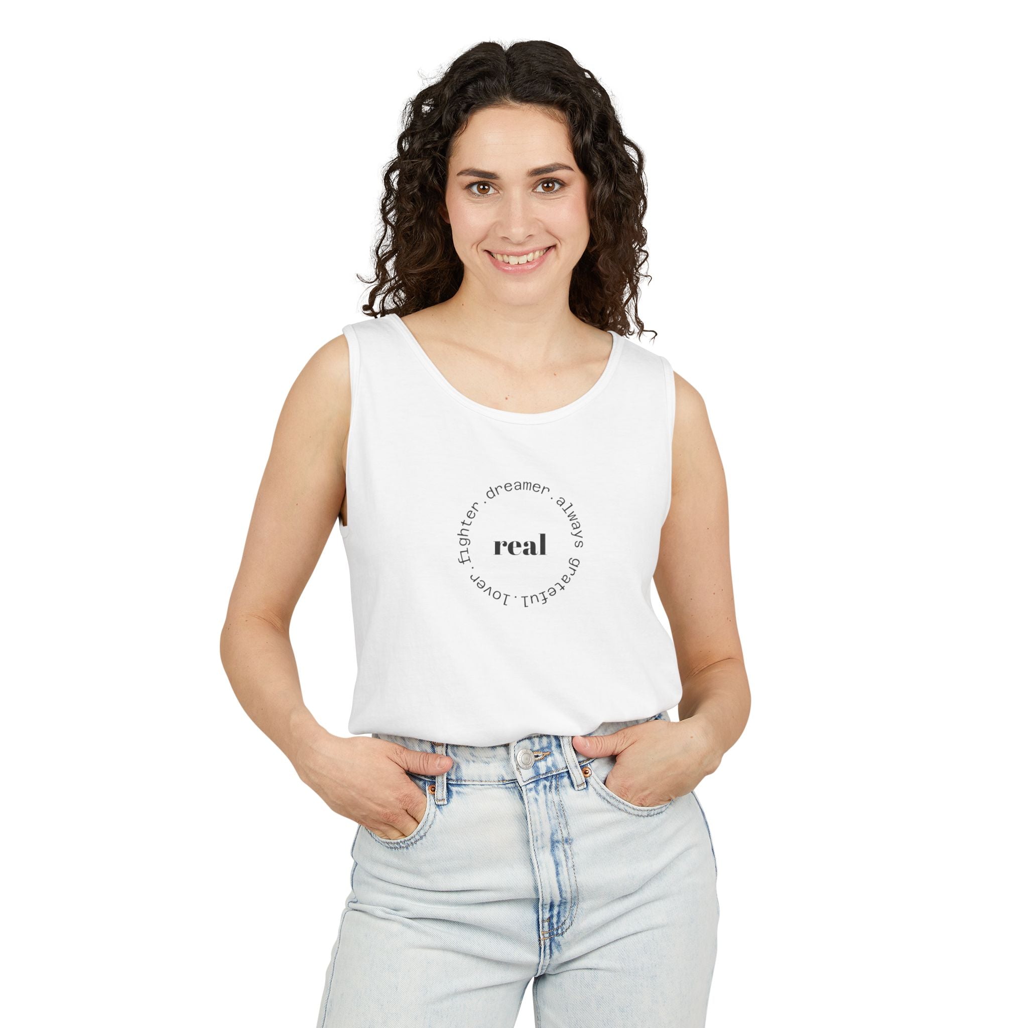 Garment-Dyed Tank Top with 'Real' Design, Summer Wear, Casual Shirt, Holiday Gift, Layering Essential, Positive Vibes
