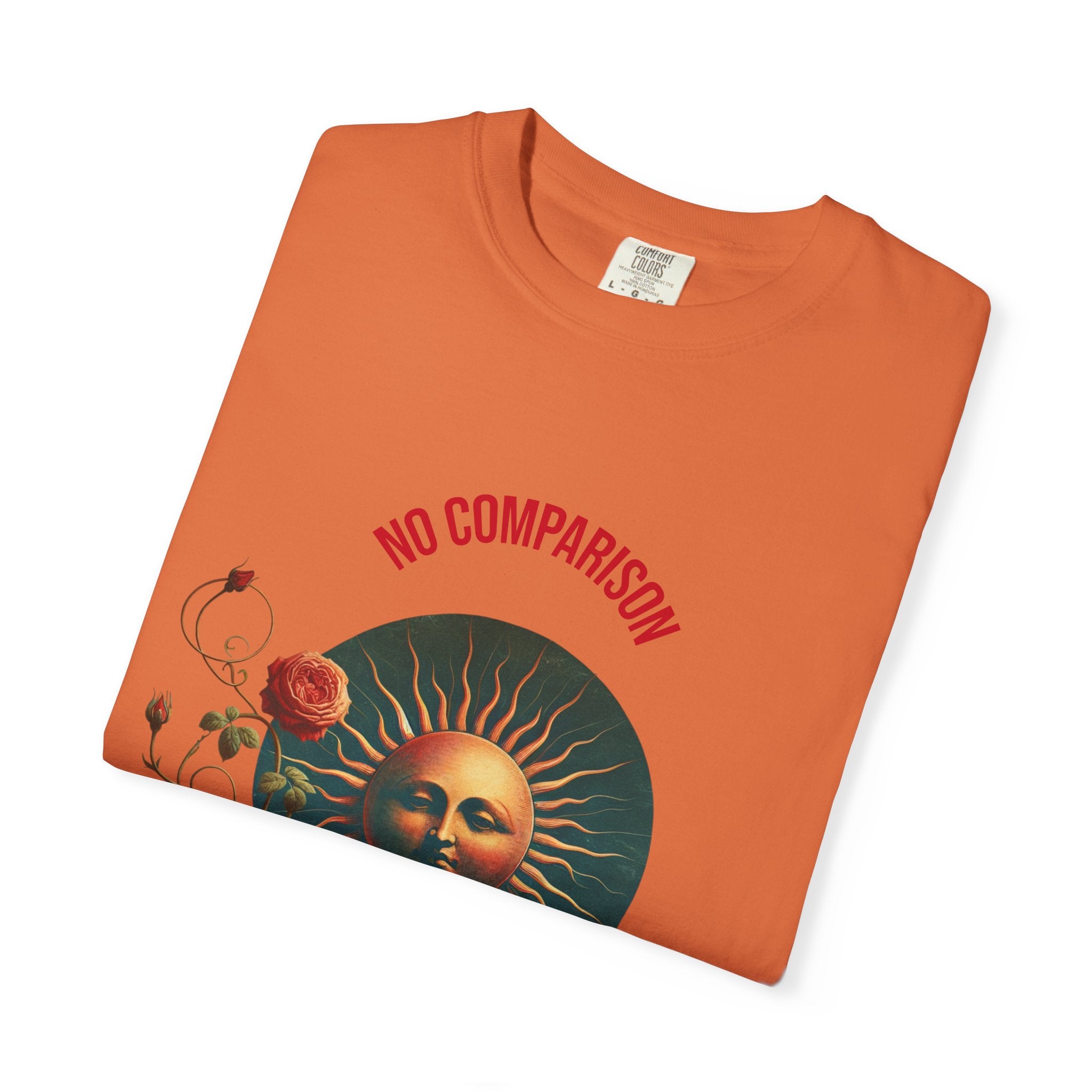 Garment-Dyed T-Shirt with Sun and Roses Design, Boho Tee, Vintage Style, Gift for Her, Casual Wear, Summer Fashion