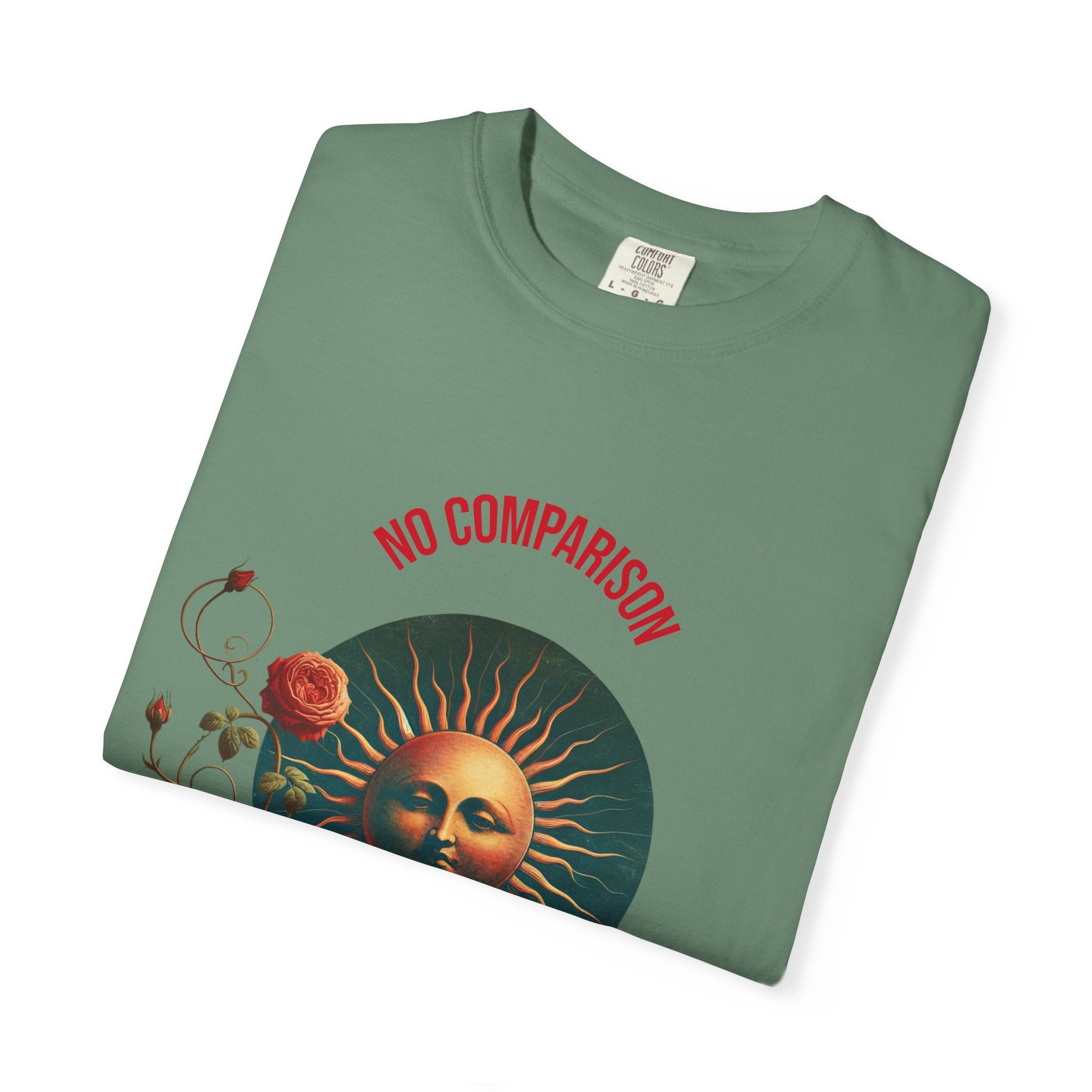 Garment-Dyed T-Shirt with Sun and Roses Design, Boho Tee, Vintage Style, Gift for Her, Casual Wear, Summer Fashion