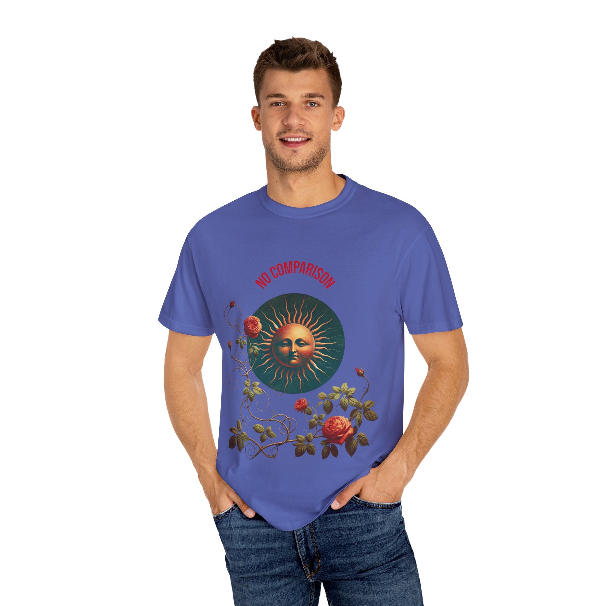 Garment-Dyed T-Shirt with Sun and Roses Design, Boho Tee, Vintage Style, Gift for Her, Casual Wear, Summer Fashion