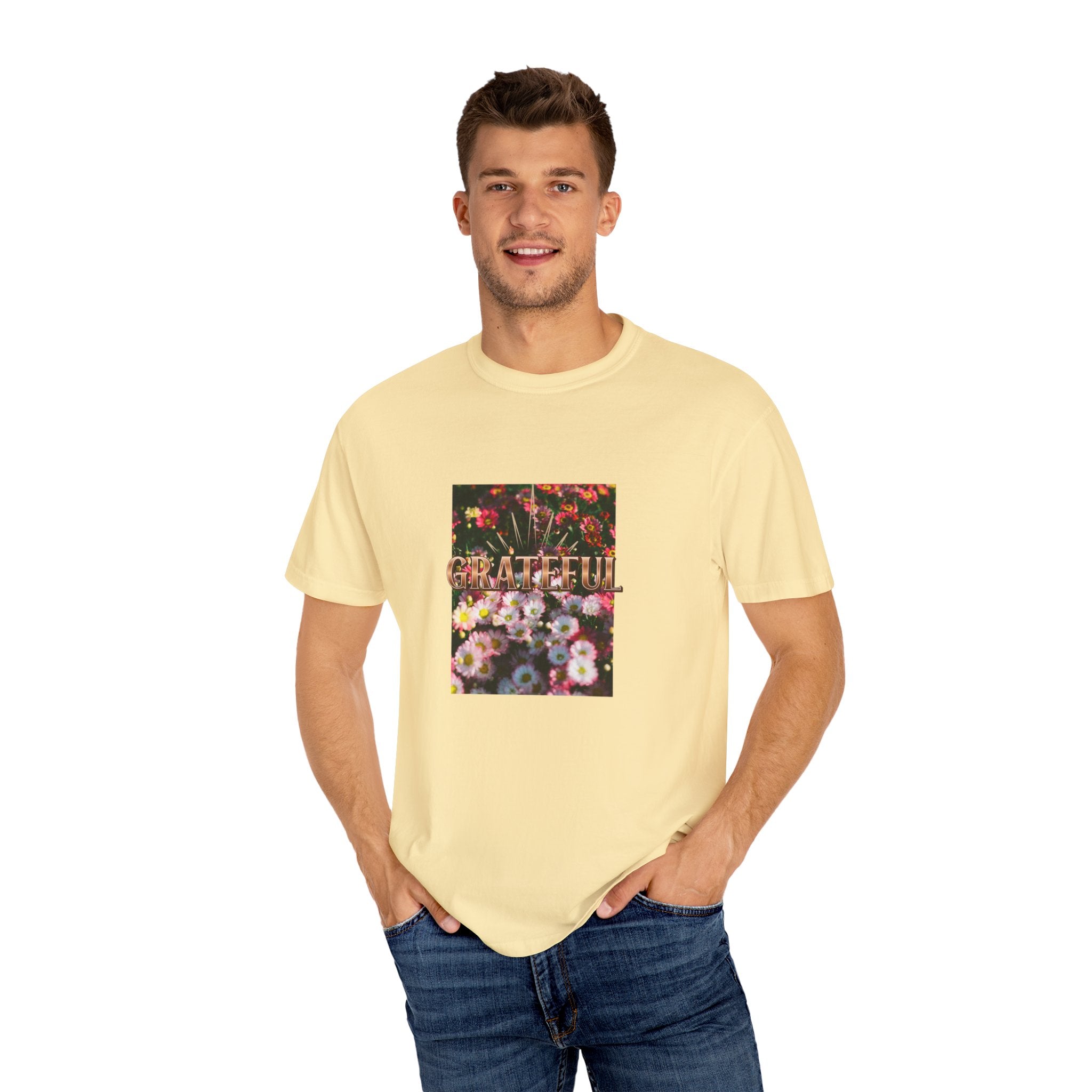Unisex Garment-Dyed T-shirt with 'Grateful' Floral Design, Casual Gift, Boho Style, Birthday Wear, Positive Vibes