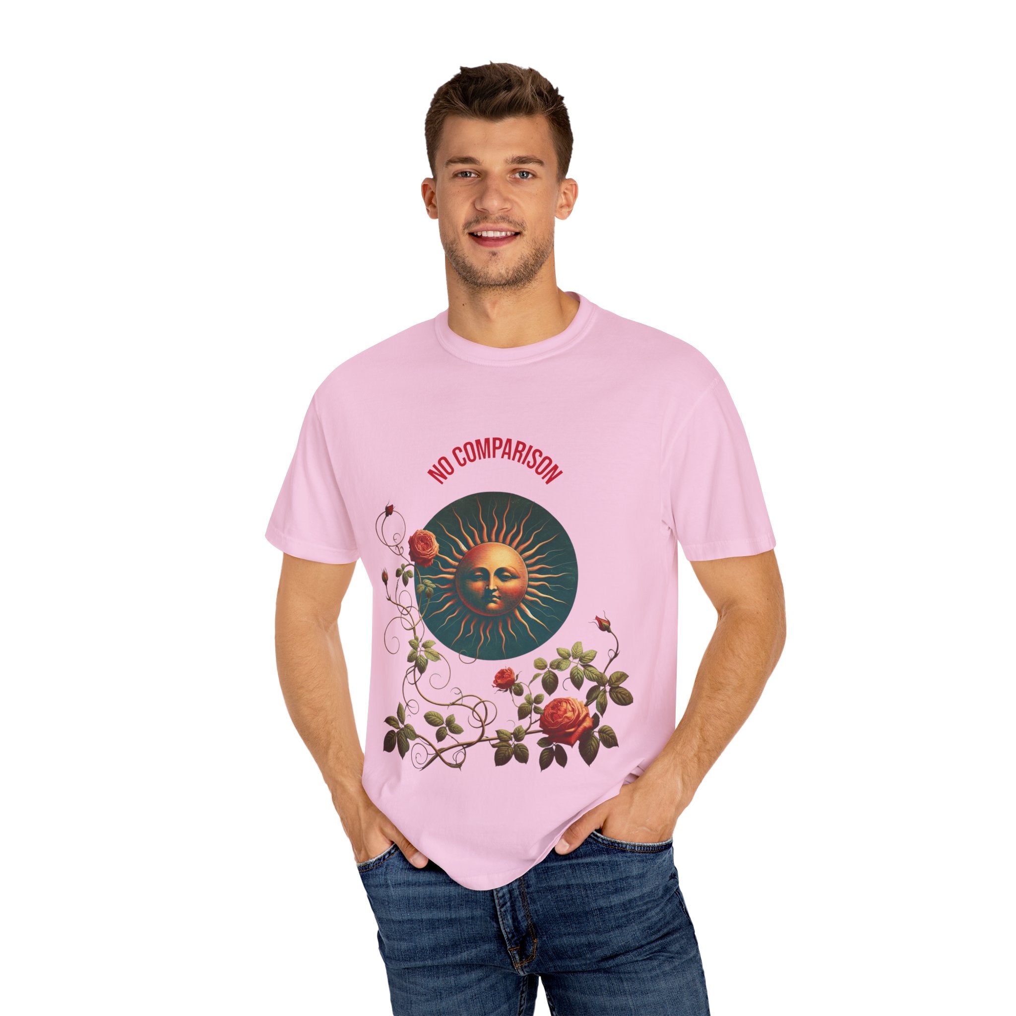 Garment-Dyed T-Shirt with Sun and Roses Design, Boho Tee, Vintage Style, Gift for Her, Casual Wear, Summer Fashion