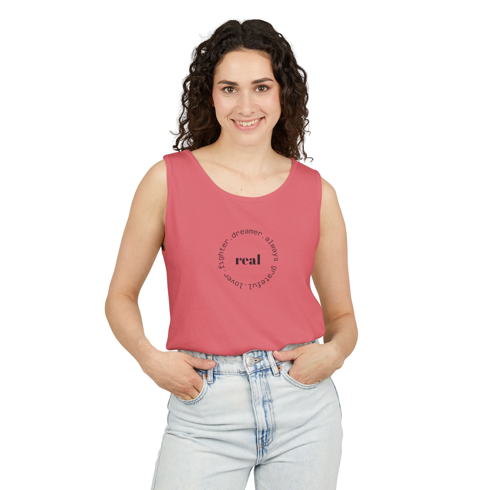 Garment-Dyed Tank Top with 'Real' Design, Summer Wear, Casual Shirt, Holiday Gift, Layering Essential, Positive Vibes