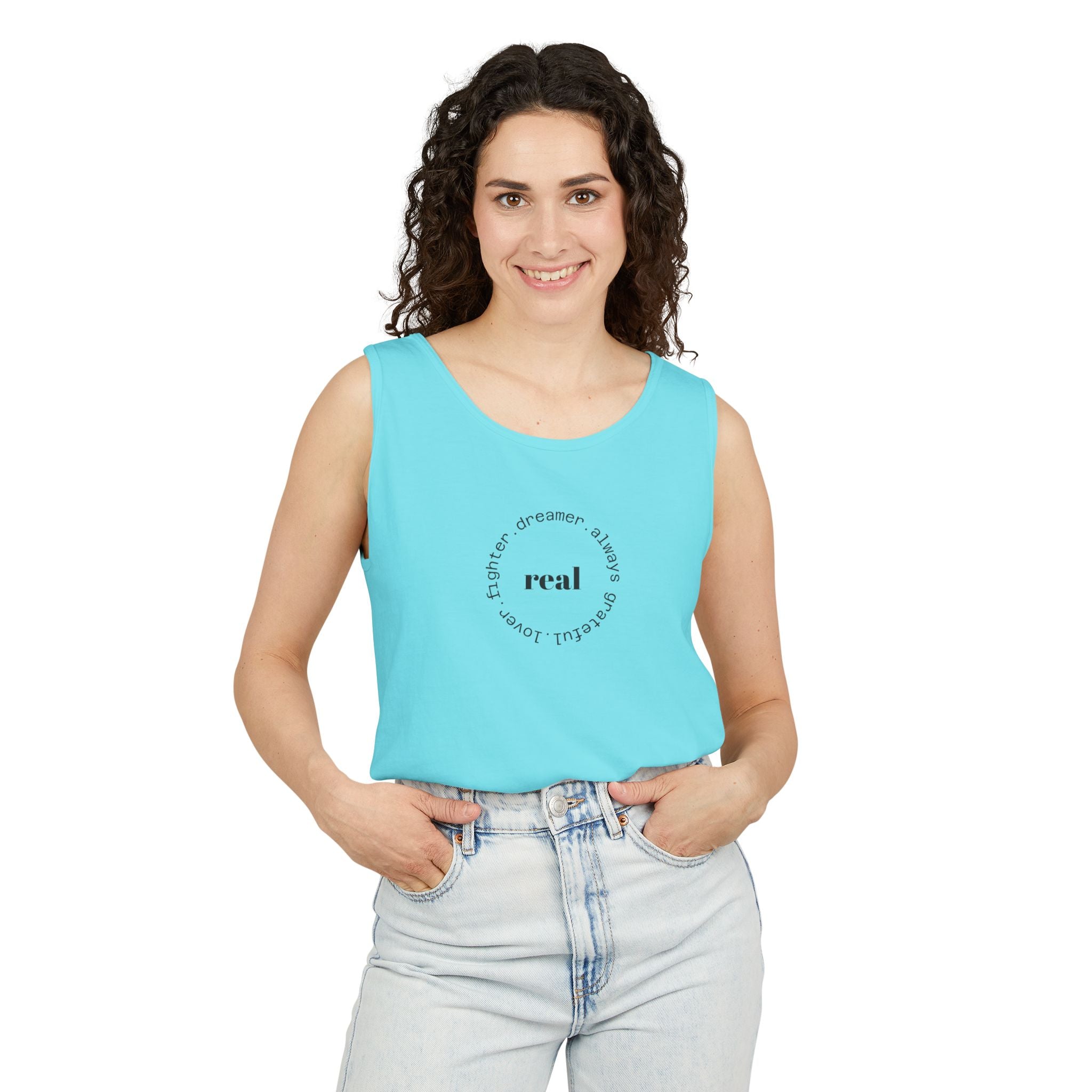 Garment-Dyed Tank Top with 'Real' Design, Summer Wear, Casual Shirt, Holiday Gift, Layering Essential, Positive Vibes