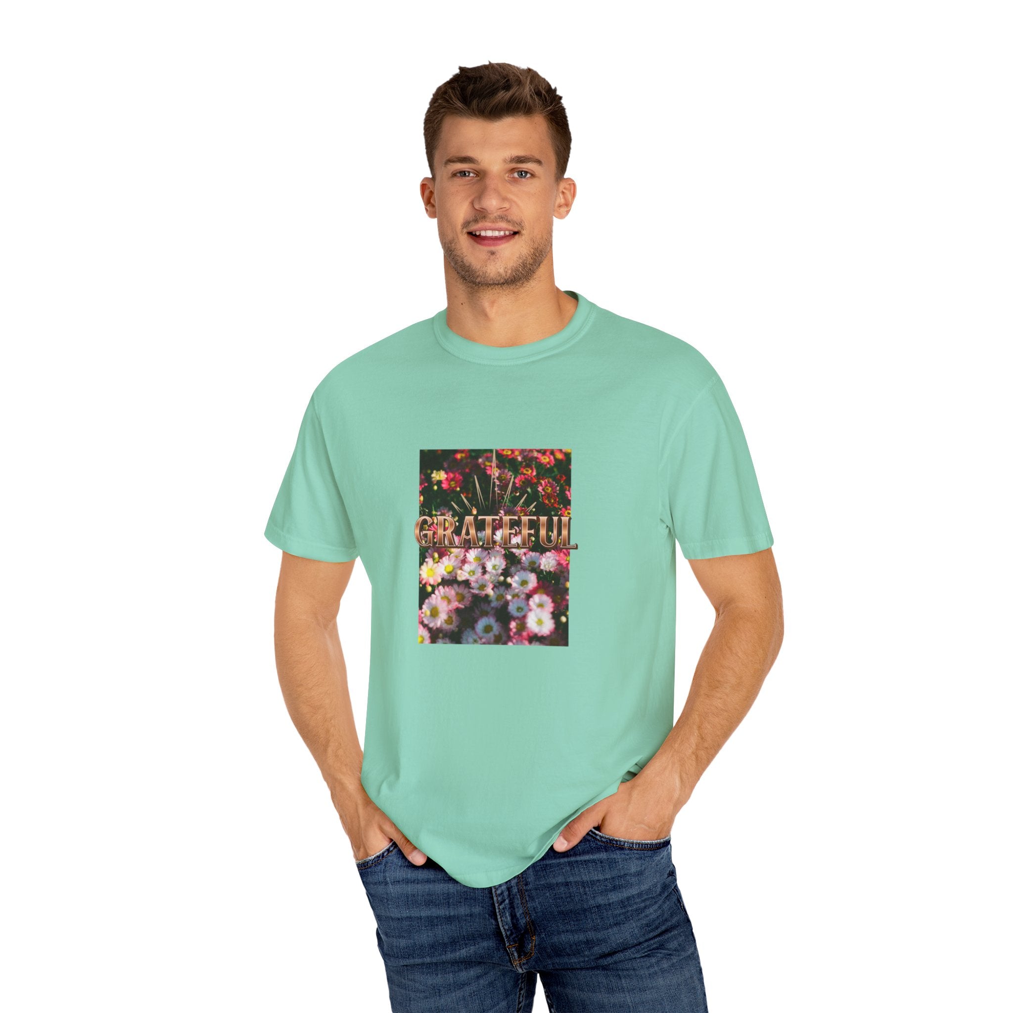 Unisex Garment-Dyed T-shirt with 'Grateful' Floral Design, Casual Gift, Boho Style, Birthday Wear, Positive Vibes