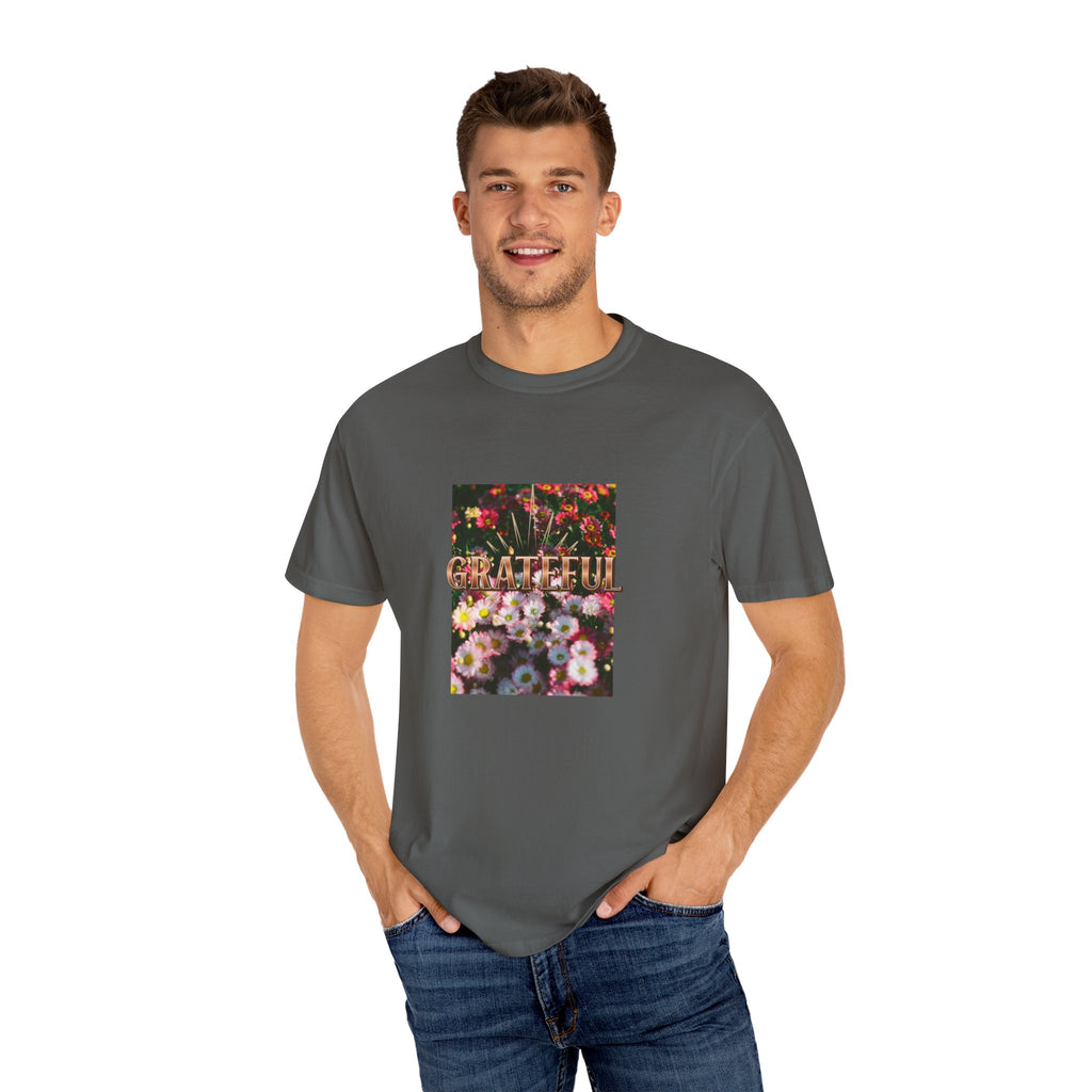 Unisex Garment-Dyed T-shirt with 'Grateful' Floral Design, Casual Gift, Boho Style, Birthday Wear, Positive Vibes