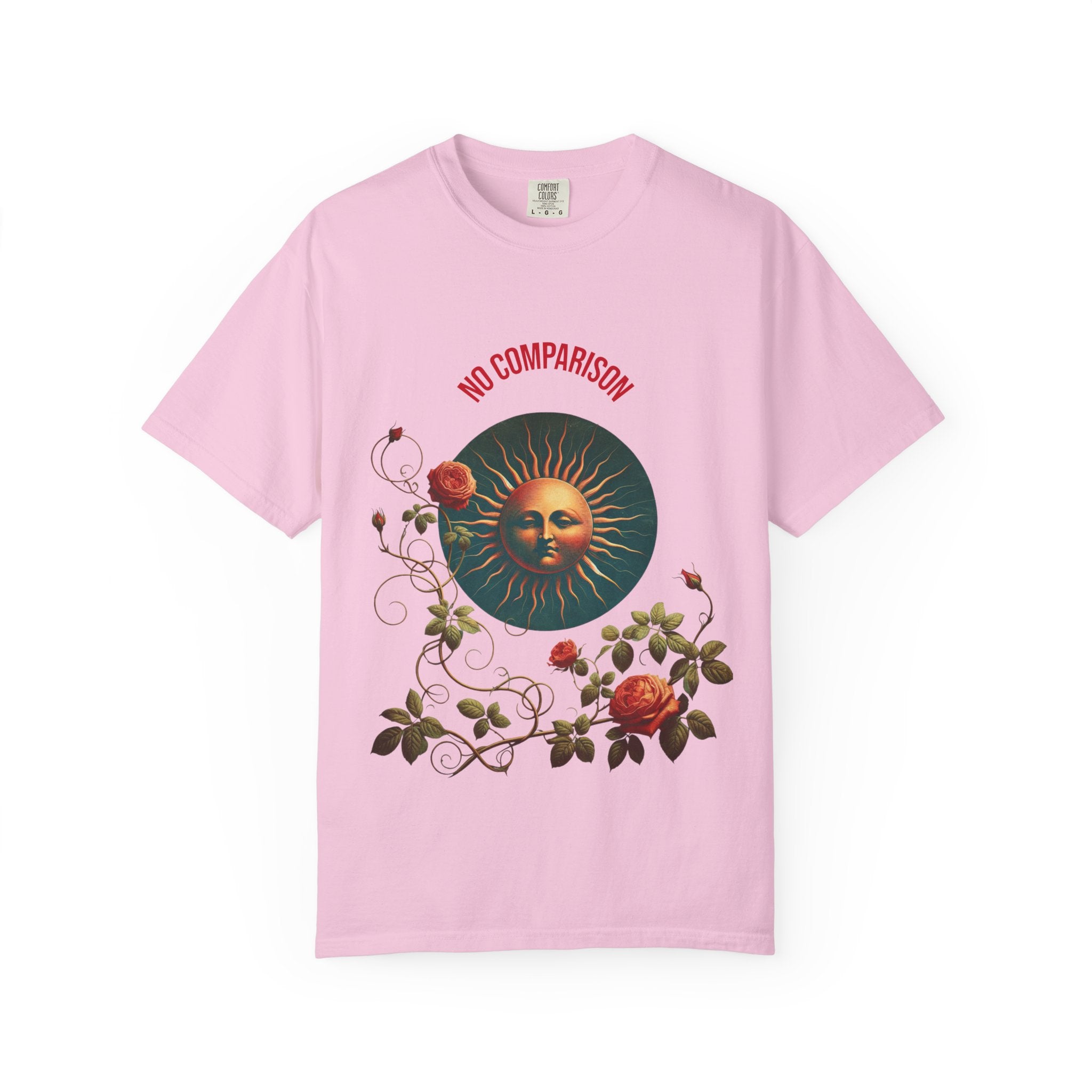 Garment-Dyed T-Shirt with Sun and Roses Design, Boho Tee, Vintage Style, Gift for Her, Casual Wear, Summer Fashion
