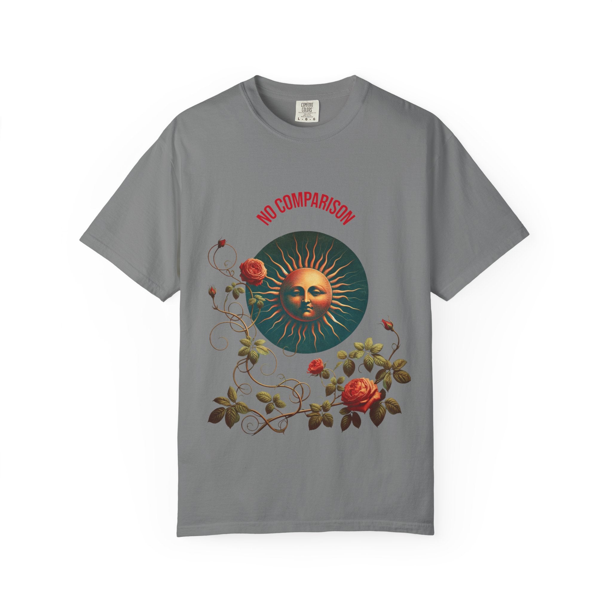 Garment-Dyed T-Shirt with Sun and Roses Design, Boho Tee, Vintage Style, Gift for Her, Casual Wear, Summer Fashion