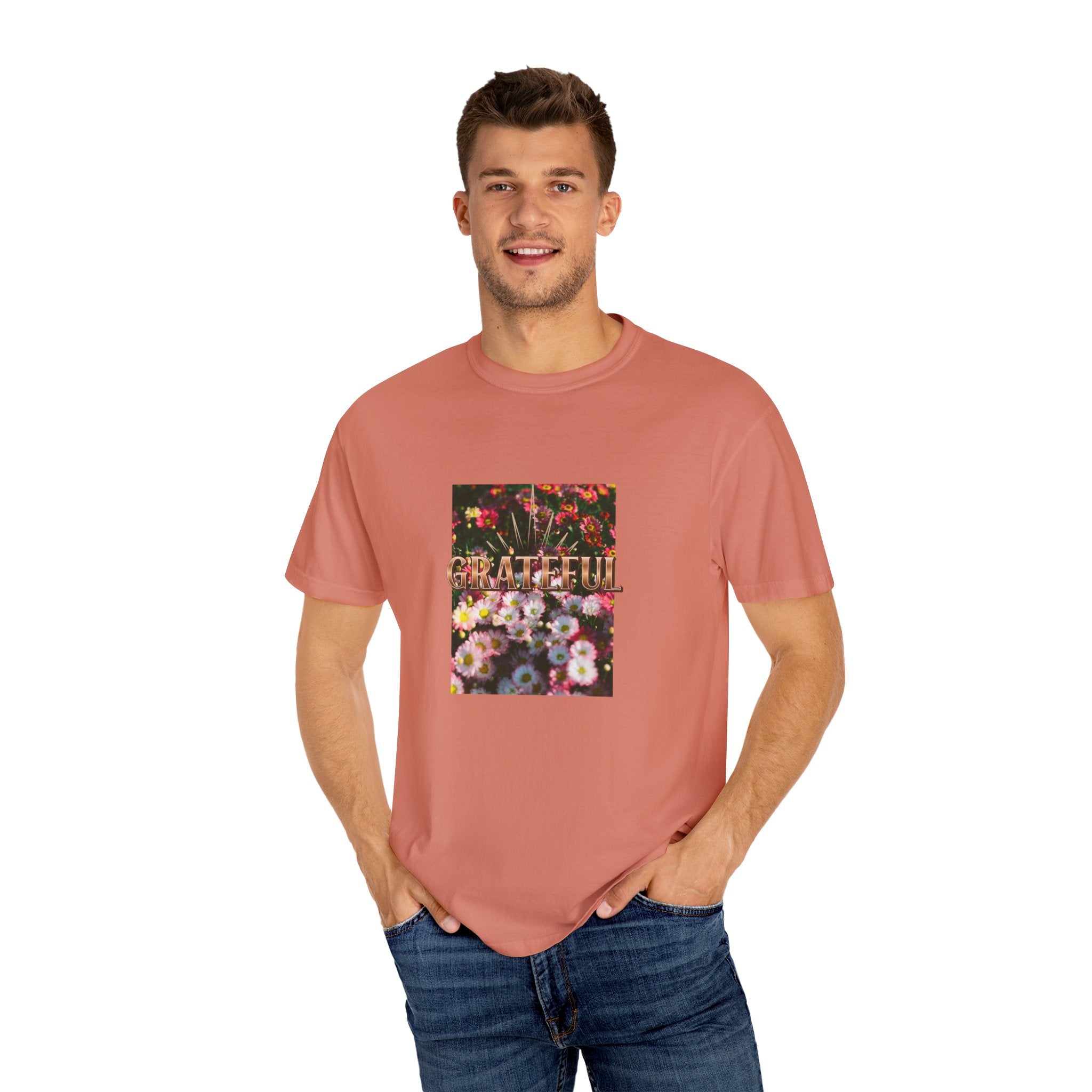 Unisex Garment-Dyed T-shirt with 'Grateful' Floral Design, Casual Gift, Boho Style, Birthday Wear, Positive Vibes