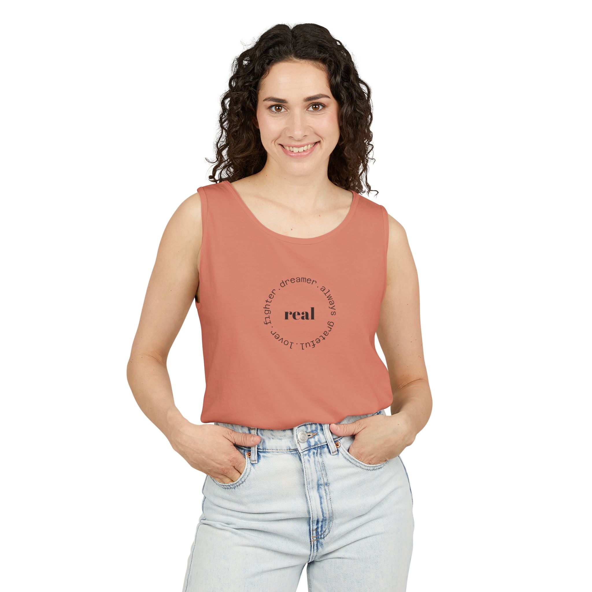 Garment-Dyed Tank Top with 'Real' Design, Summer Wear, Casual Shirt, Holiday Gift, Layering Essential, Positive Vibes