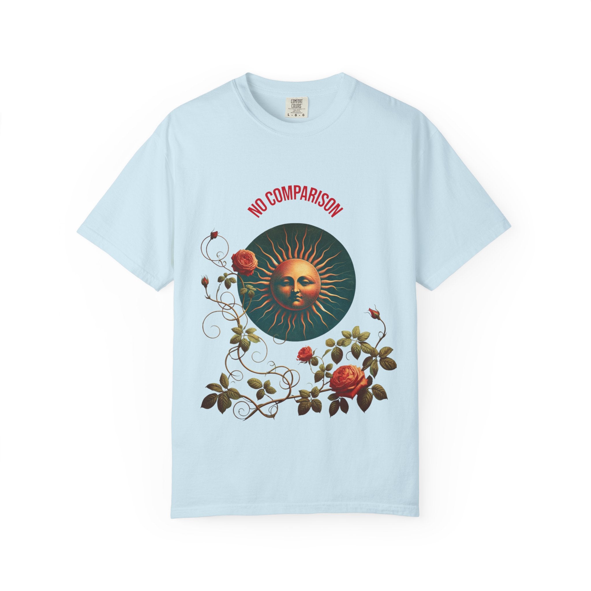 Garment-Dyed T-Shirt with Sun and Roses Design, Boho Tee, Vintage Style, Gift for Her, Casual Wear, Summer Fashion