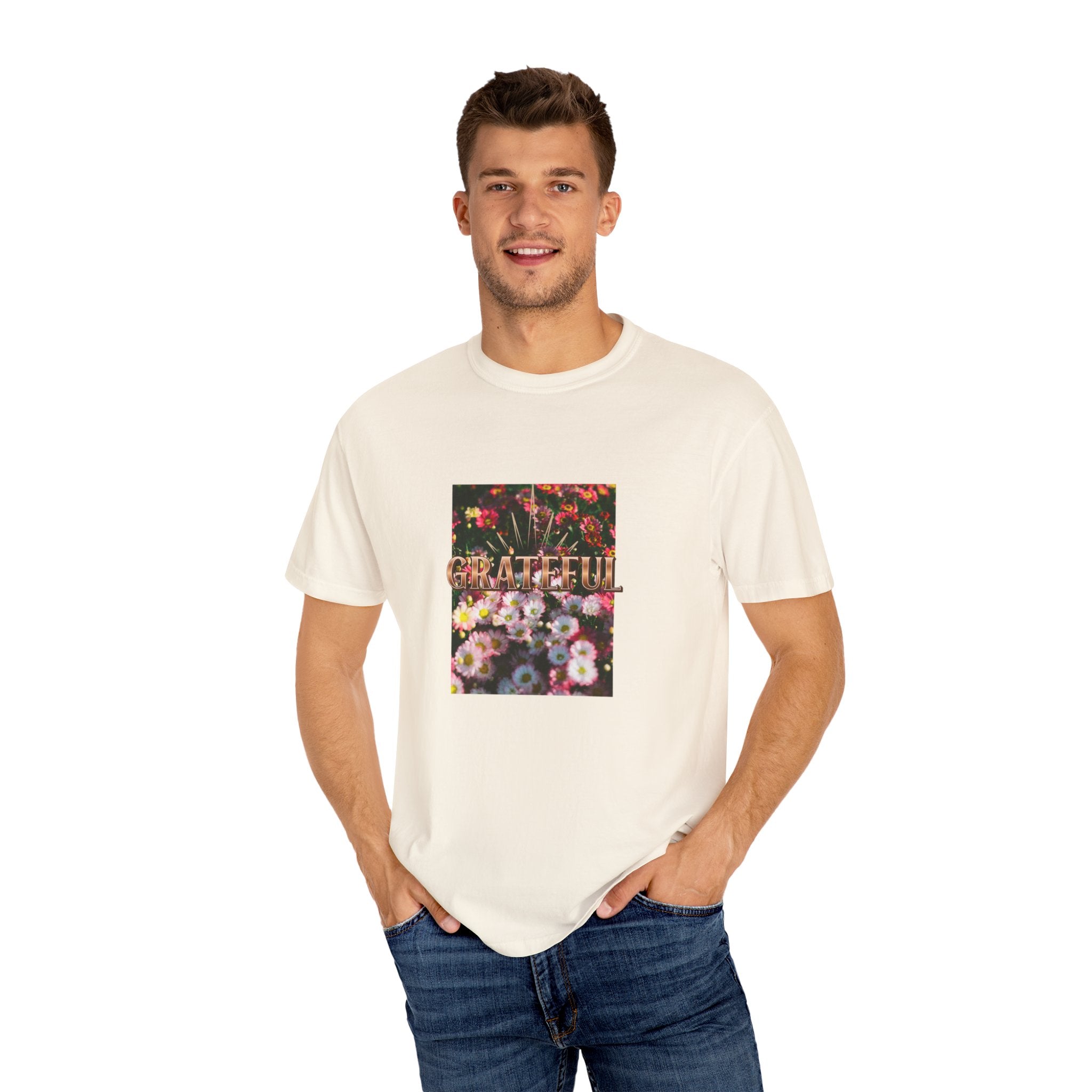 Unisex Garment-Dyed T-shirt with 'Grateful' Floral Design, Casual Gift, Boho Style, Birthday Wear, Positive Vibes