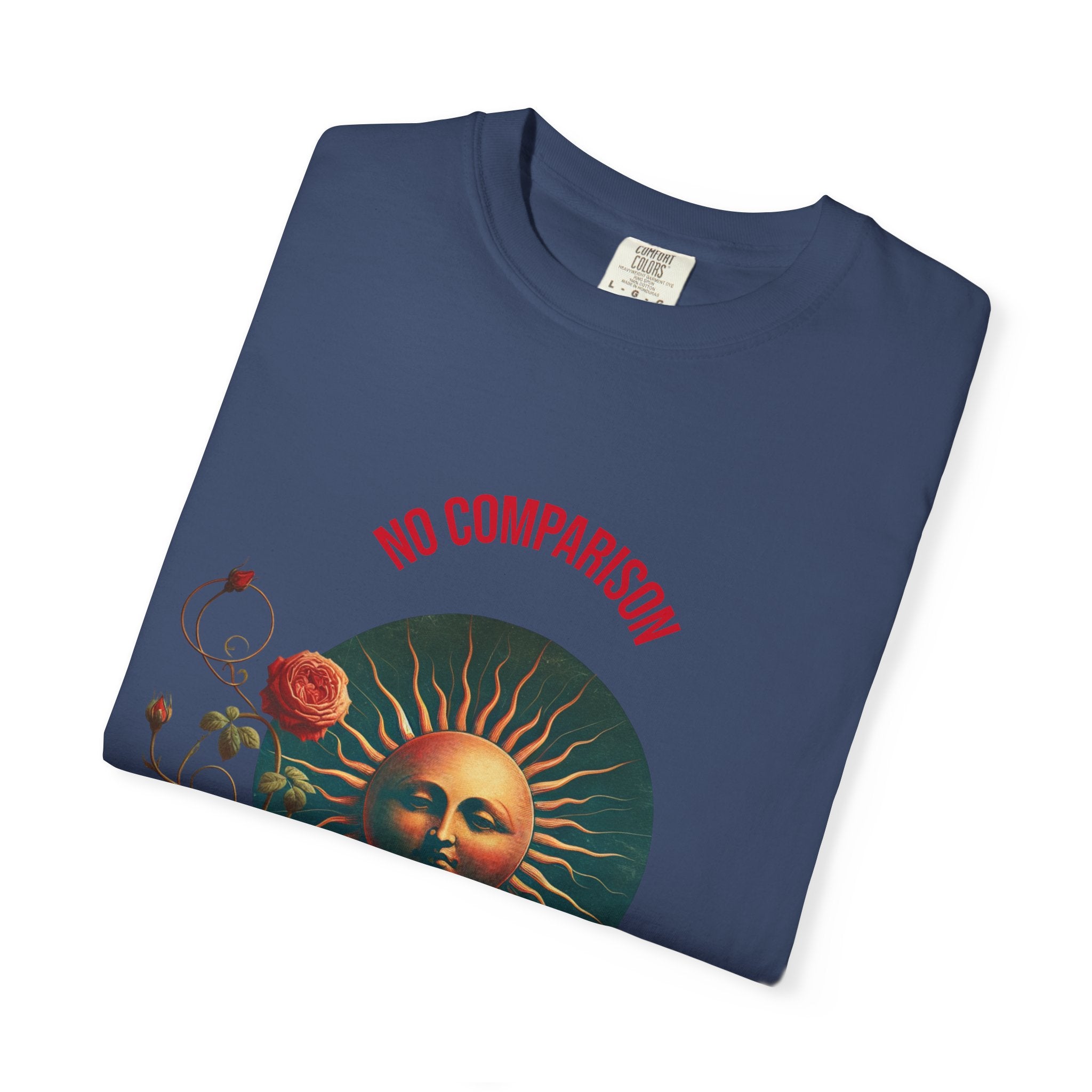 Garment-Dyed T-Shirt with Sun and Roses Design, Boho Tee, Vintage Style, Gift for Her, Casual Wear, Summer Fashion