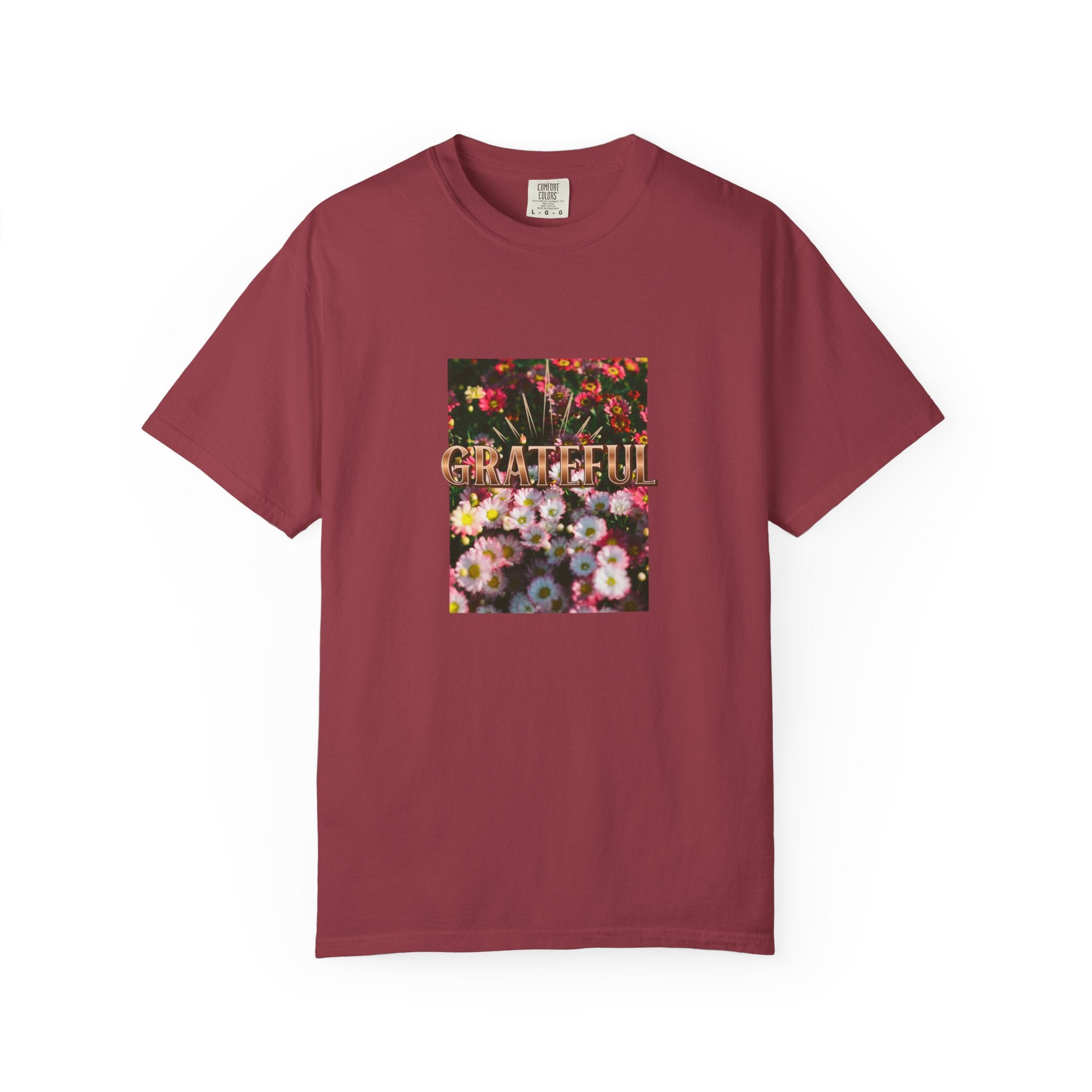 Unisex Garment-Dyed T-shirt with 'Grateful' Floral Design, Casual Gift, Boho Style, Birthday Wear, Positive Vibes